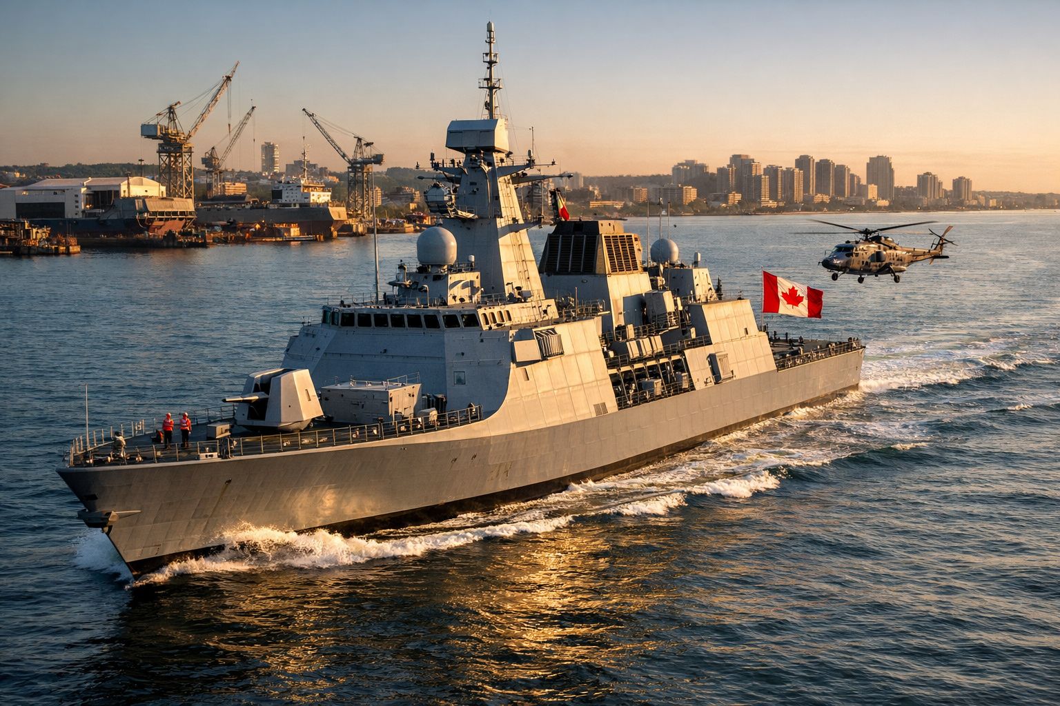 Fragata naval com bandeira do Canadá navega em porto com helicóptero ao volante e arranha-céus ao fundo.