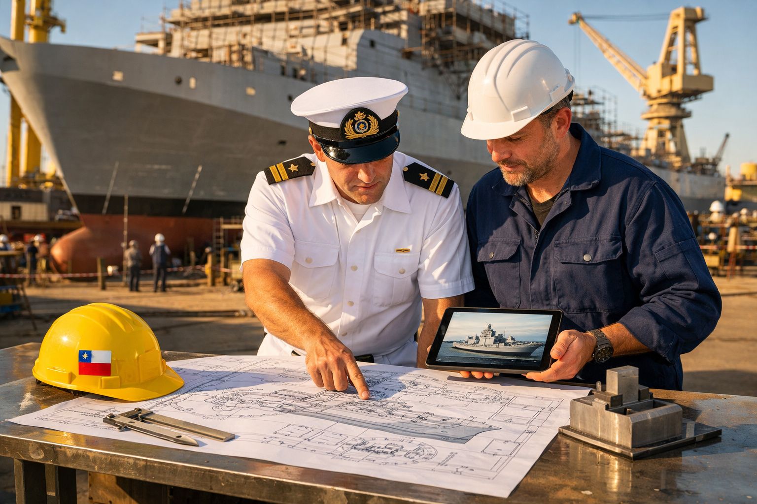 Militares e engenheiro naval analisam plantas de navio em estaleiro com tablet e capacete de segurança.