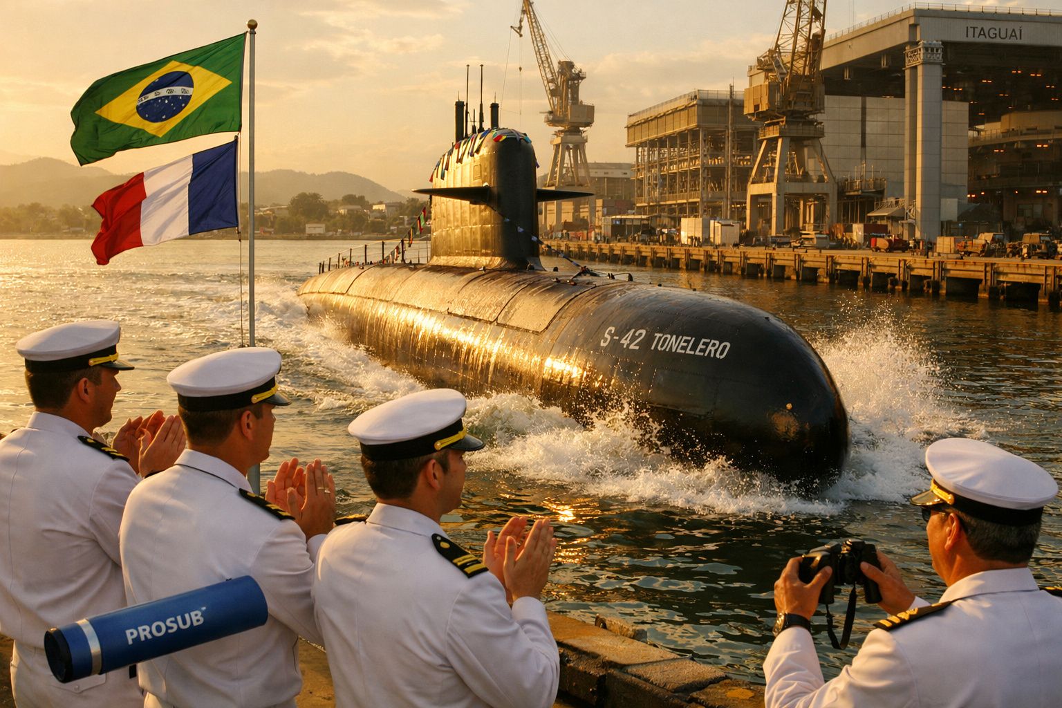 Submarino S-42 Tonelero aproxima-se do cais com oficiais da marinha a aplaudir e bandeiras do Brasil e França visíveis.