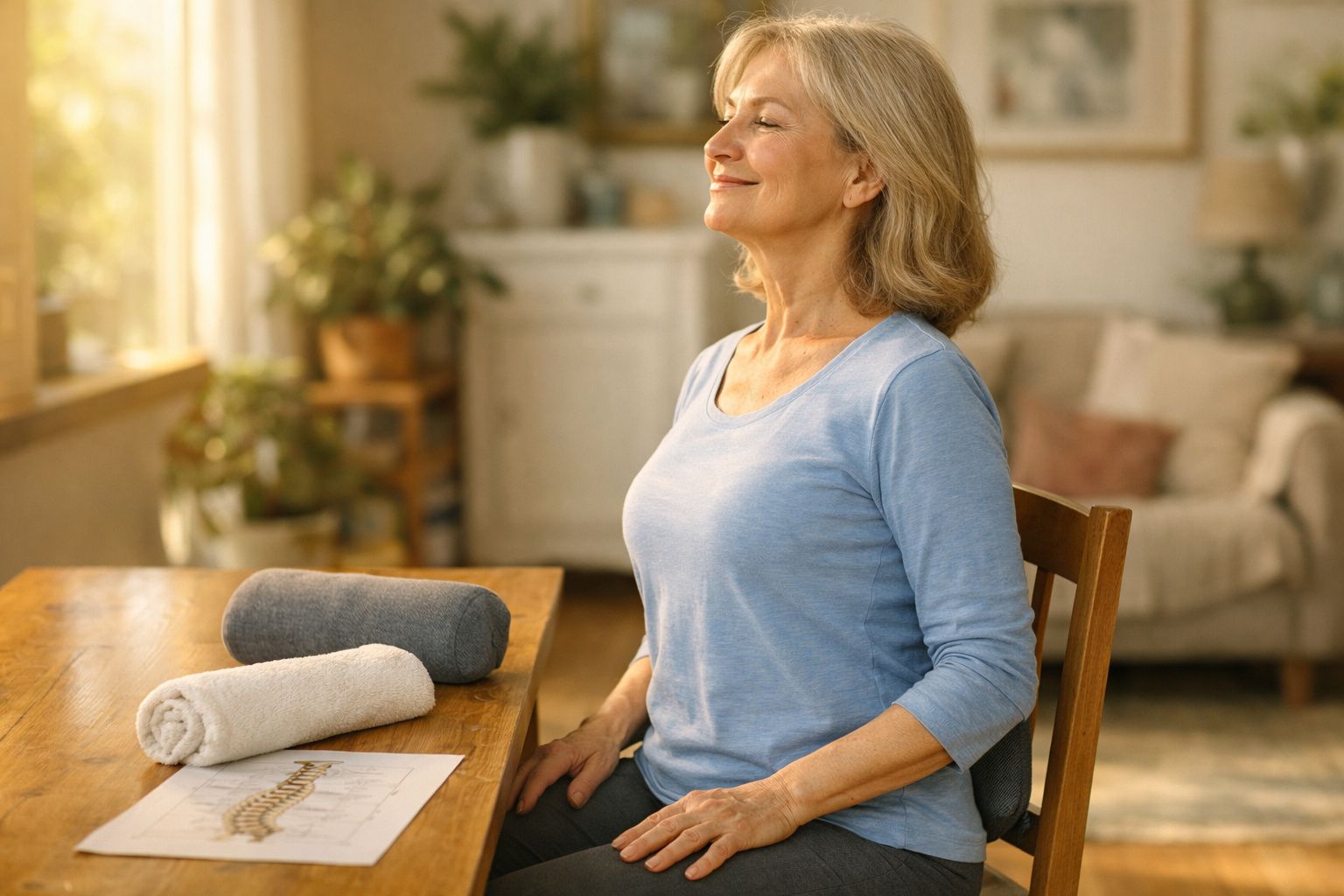 Mulher madura sentada numa cadeira a fazer exercício respiratório com os olhos fechados e expressão serena.