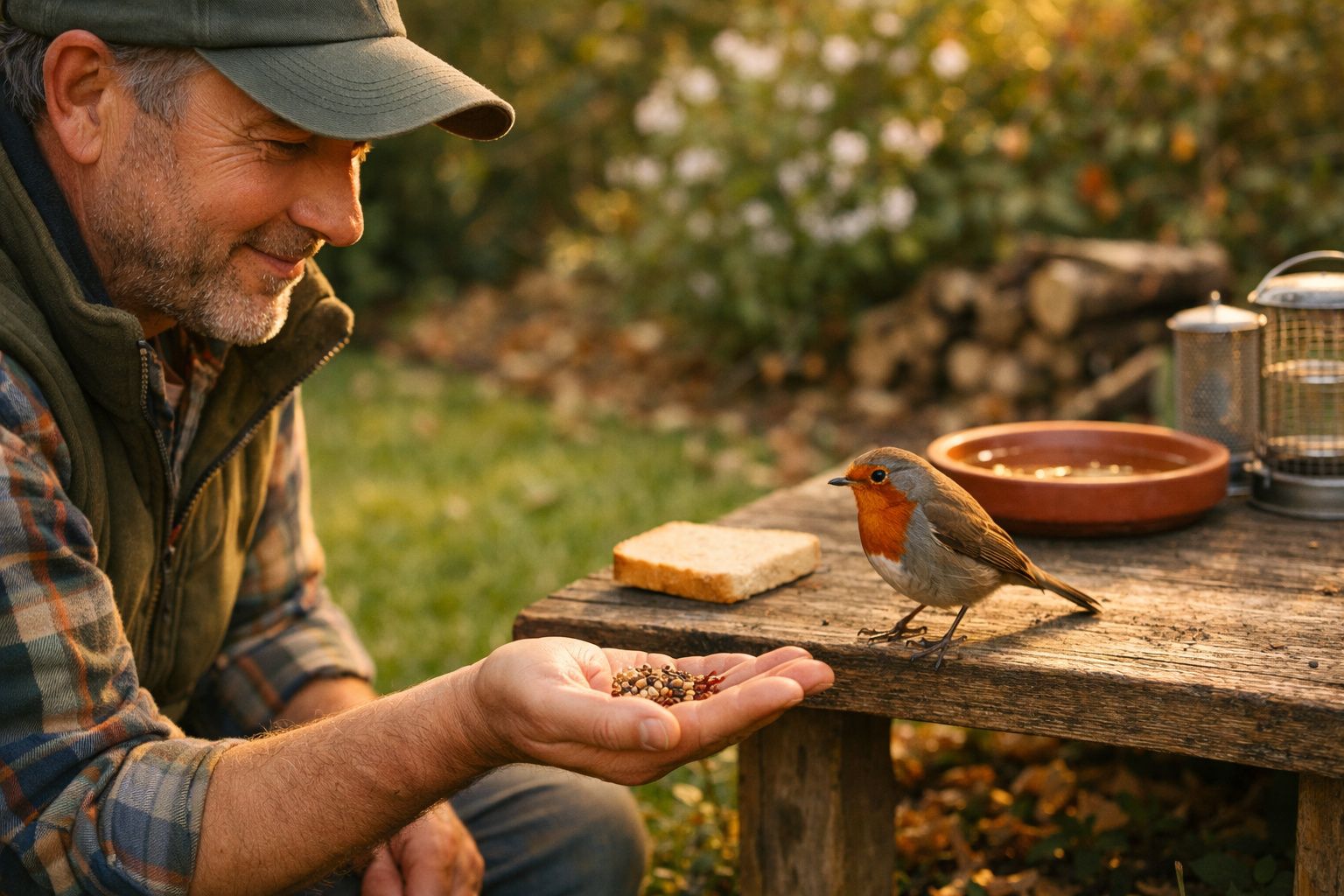 Homem alimentar um pássaro com sementes na mão num ambiente exterior com mesa de madeira e luz dourada.