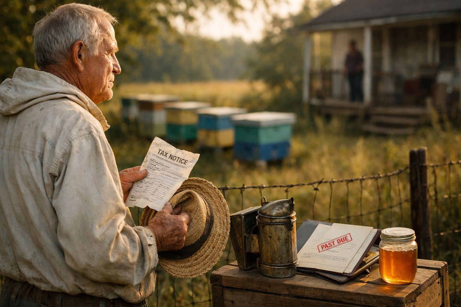 Homem idoso com roupa de apicultor segura aviso de imposto junto a colmeias e favo de mel ao pôr do sol.