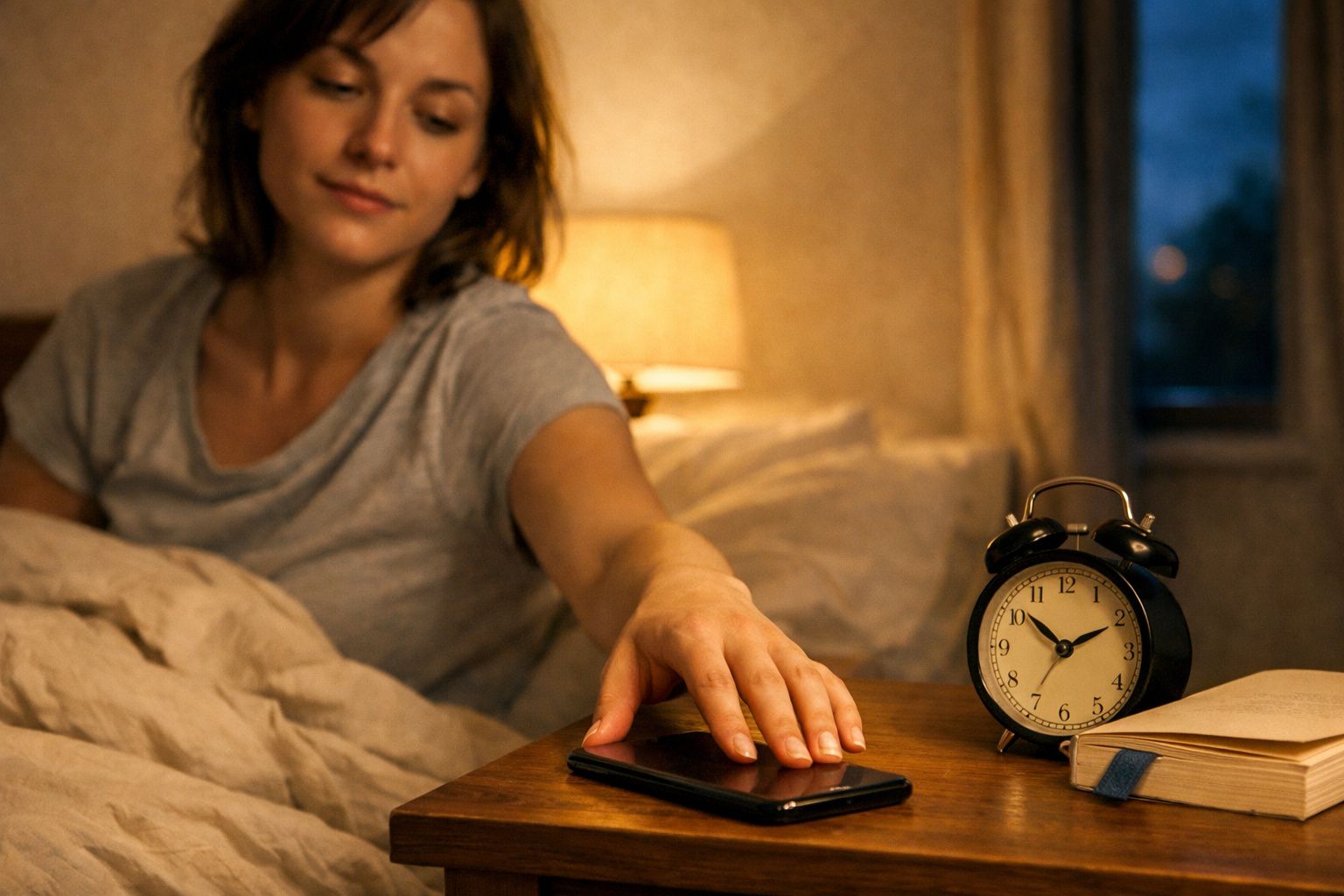 Mulher acorda na cama e alcança telemóvel numa mesa com despertador analógico e livro à noite.