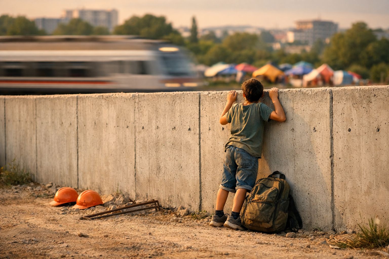 Criança olha por cima de um muro de betão com mochila no chão e dois capacetes num terreno de construção.