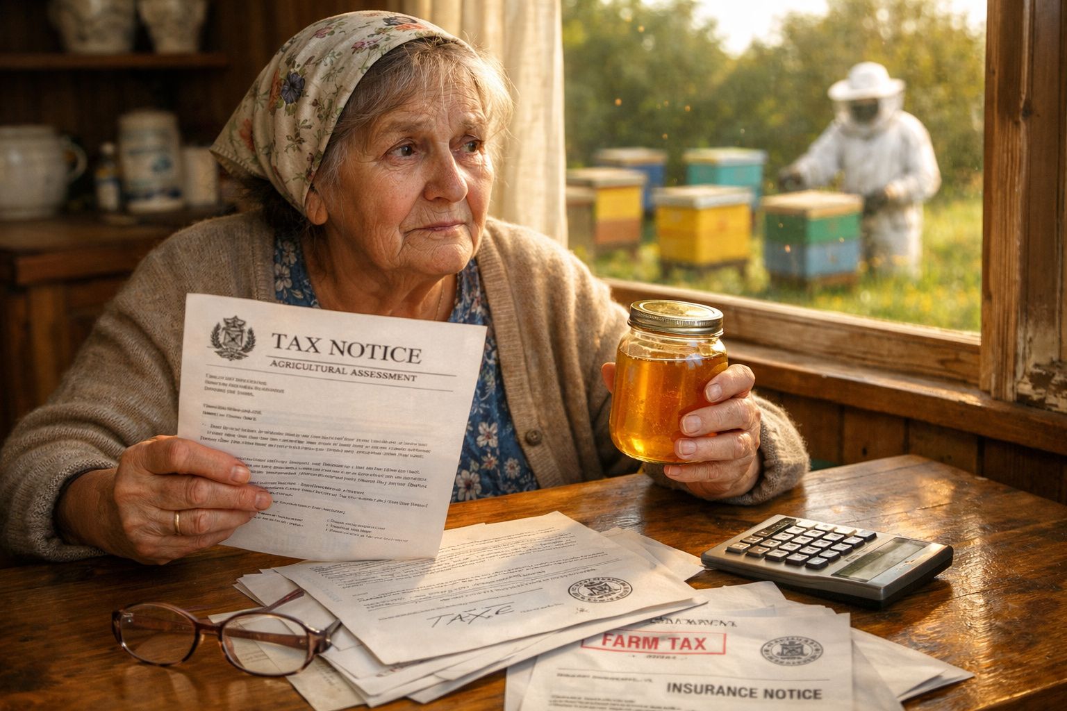 Mulher idosa com lenço na cabeça segura jarro de mel e documento de imposto, com apicultor e colmeias ao fundo.