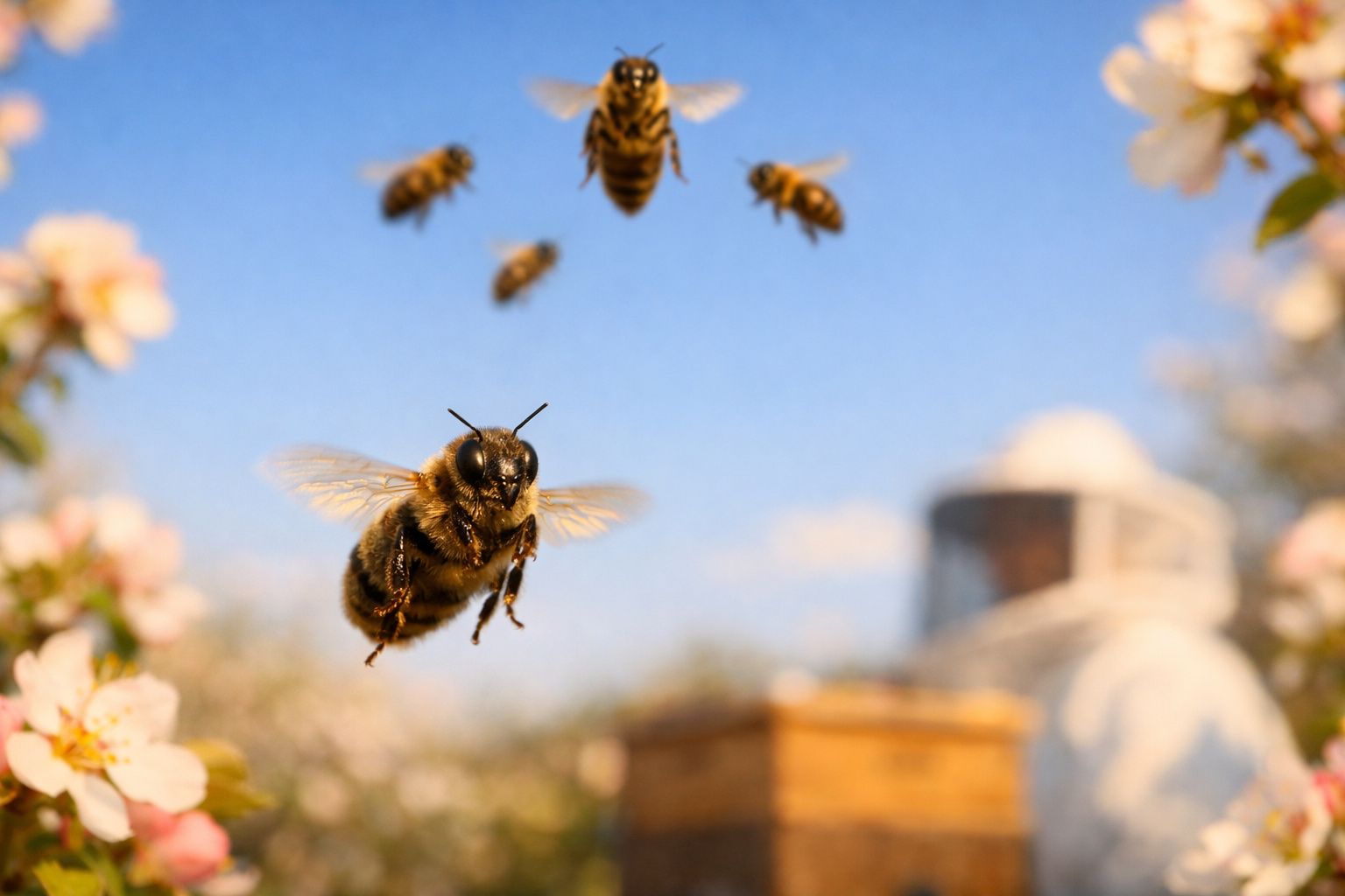 Abelhas em voo próximas a flores e colmeia sob um céu azul claro num dia ensolarado.