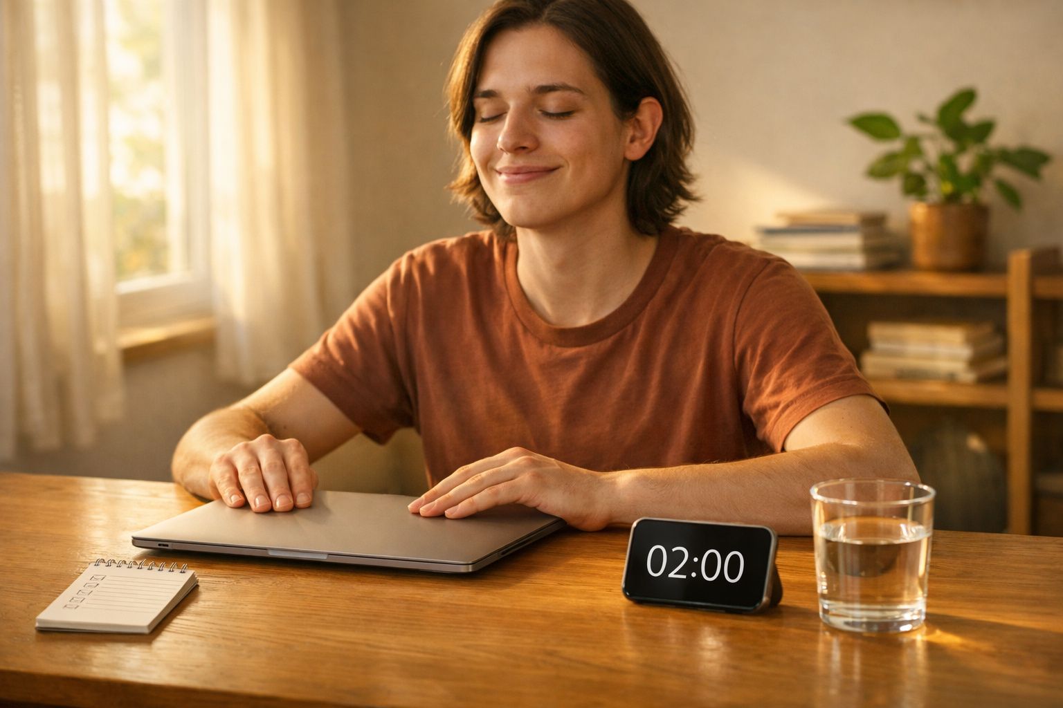 Pessoa sentada a sorrir com olhos fechados, mãos sobre portátil fechado, relógio digital e copo de água na mesa.
