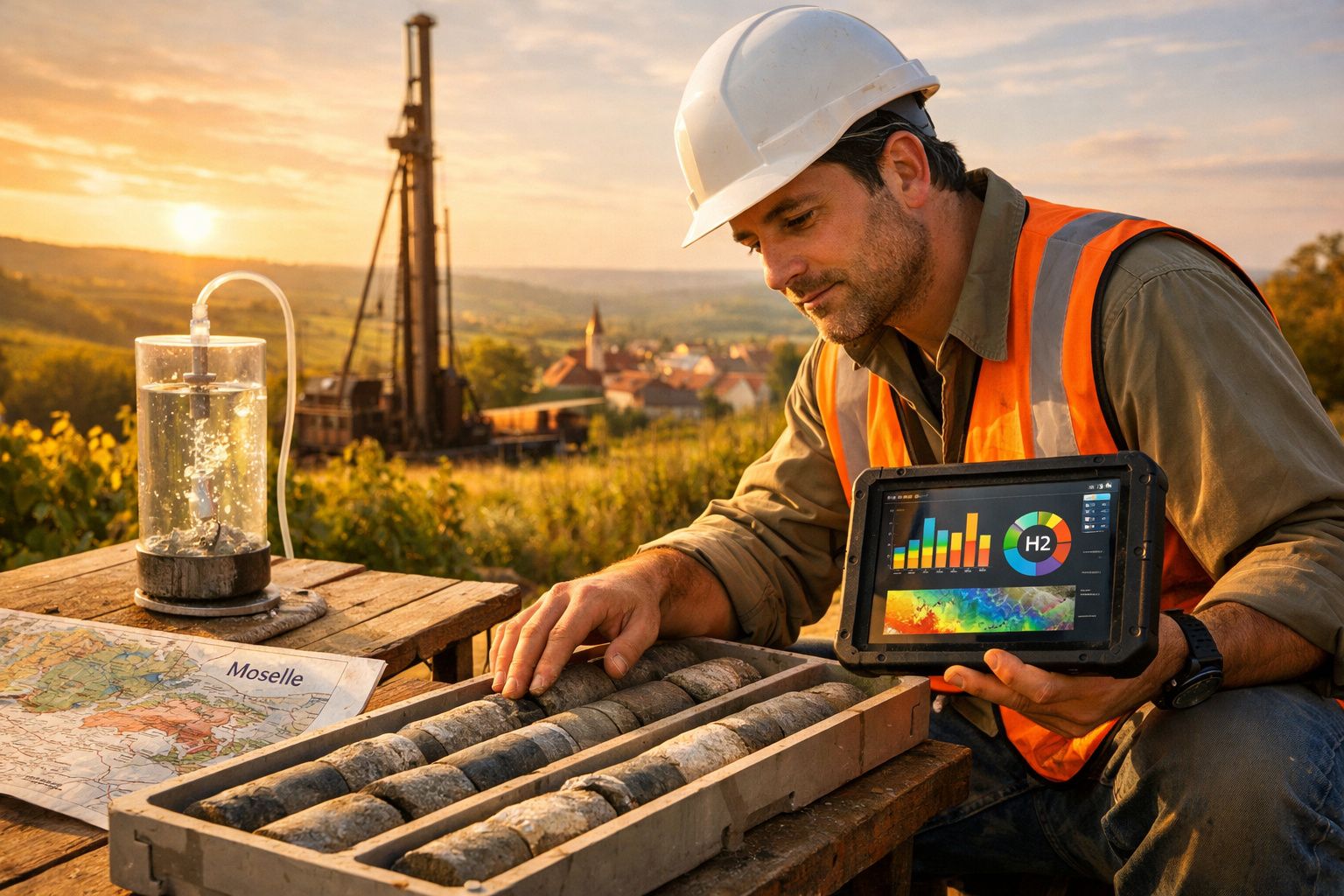 Geólogo com capacete e colete, analisando uma amostra de perfuração ao ar livre ao pôr do sol.