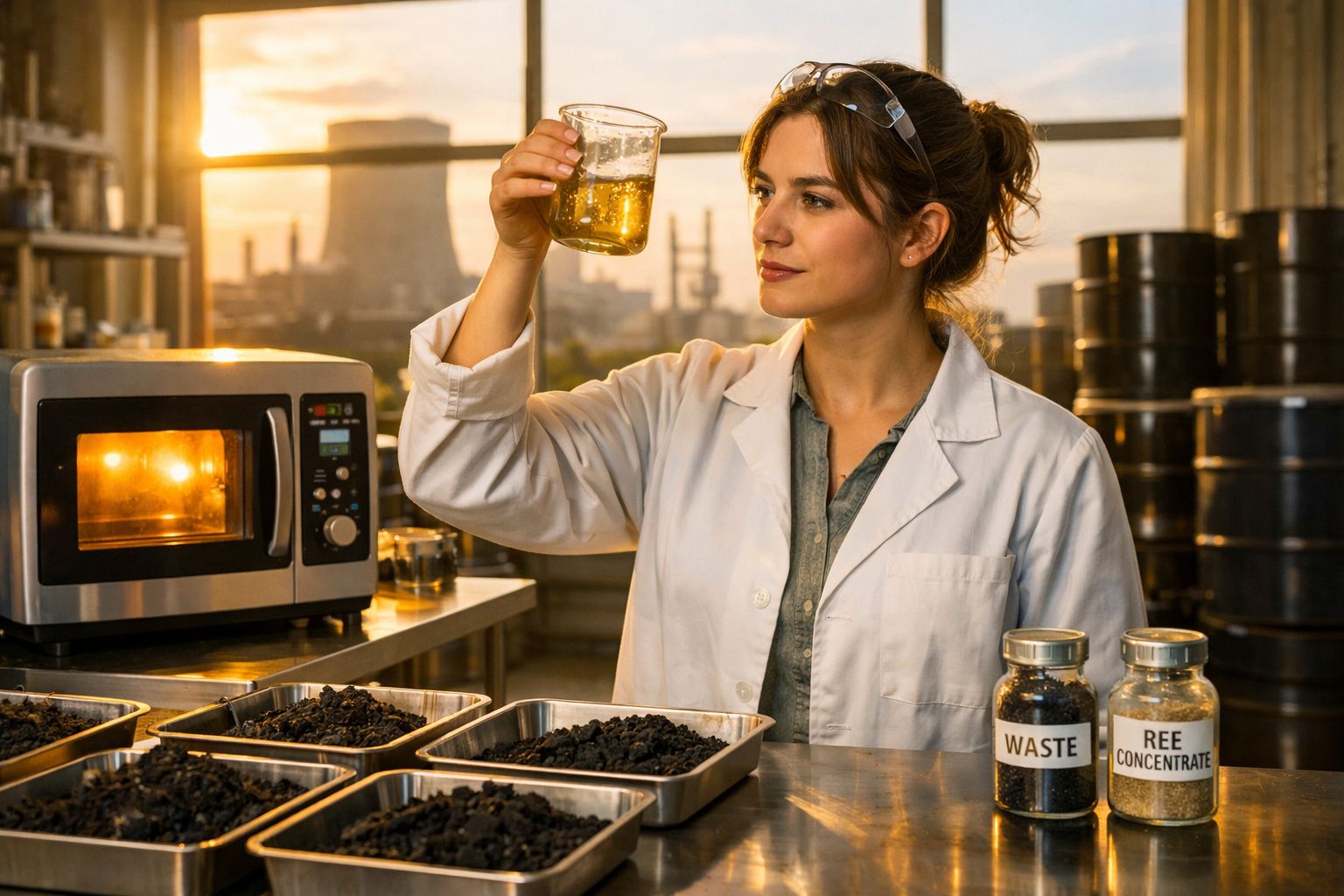Mulher de bata branca analisa líquido amarelo em laboratório com amostras e micro-ondas ao fundo.