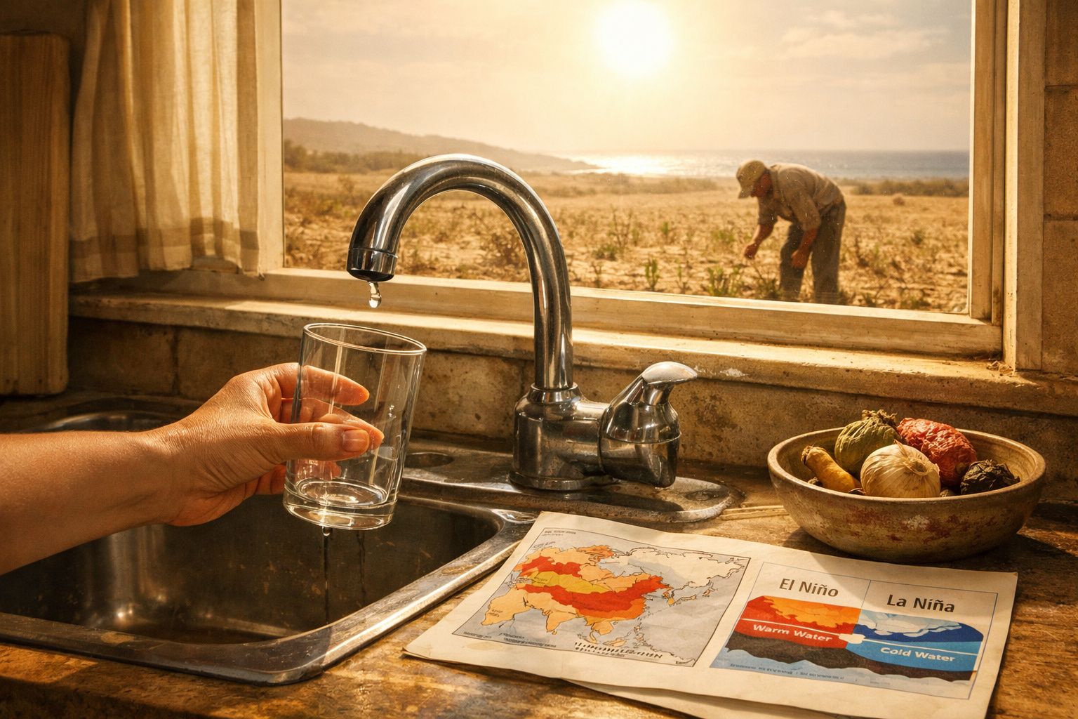 Mão a segurar copo debaixo de torneira com gotas de água, com mapa e legumes próximos e pessoa a trabalhar no campo ao fundo.