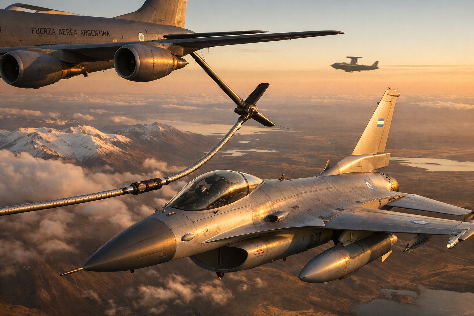 Avião de combate argentino a ser reabastecido em voo sobre montanhas ao pôr do sol.