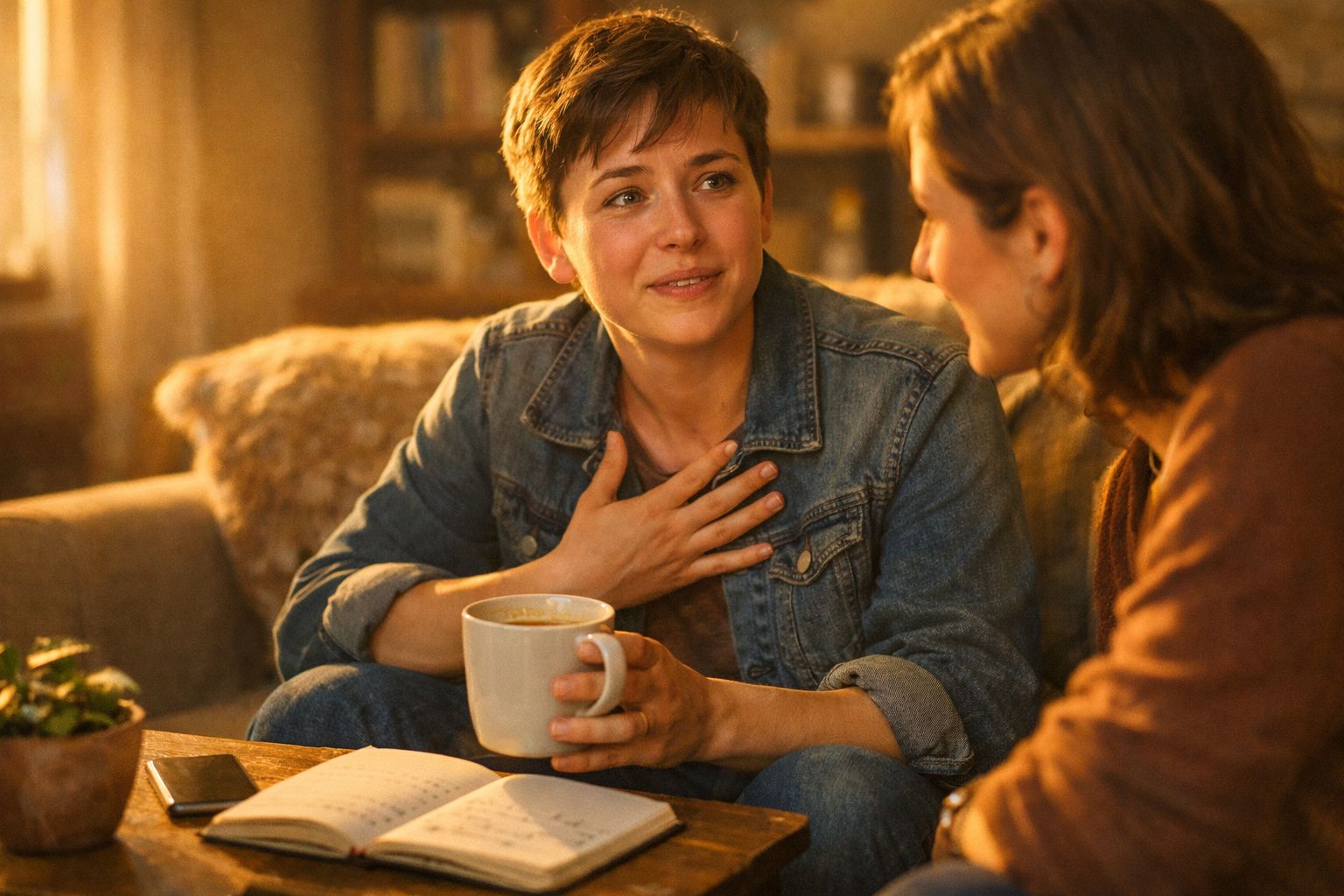 Duas mulheres conversam animadamente numa sala acolhedora, uma segura uma caneca e gesticula com a mão.