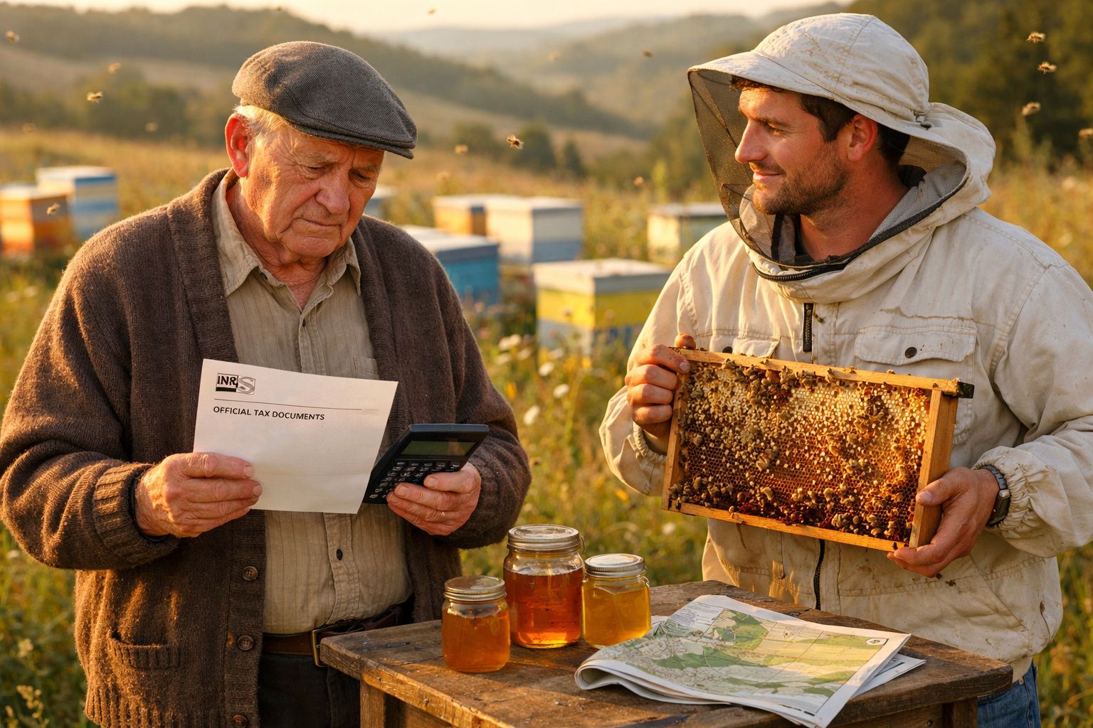 Apicultor jovem mostra colmeia a idoso que calcula impostos ao ar livre junto a frascos de mel.