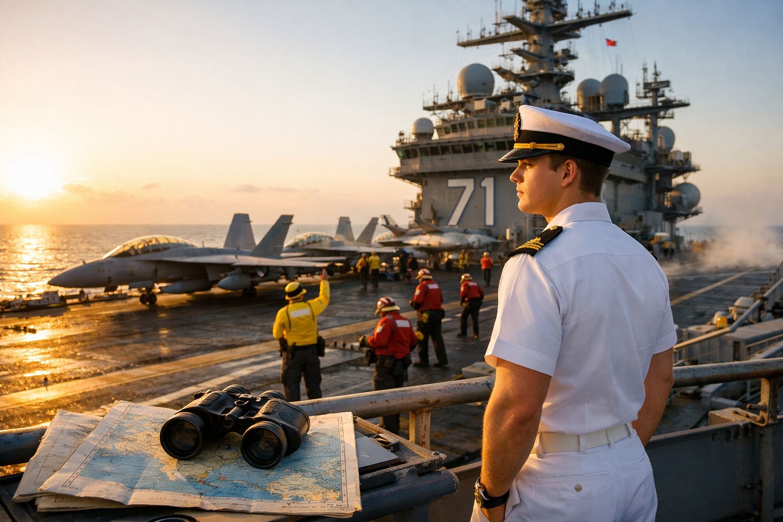 Oficial naval observa porta-aviões com aviões e tripulação ao pôr do sol no mar.