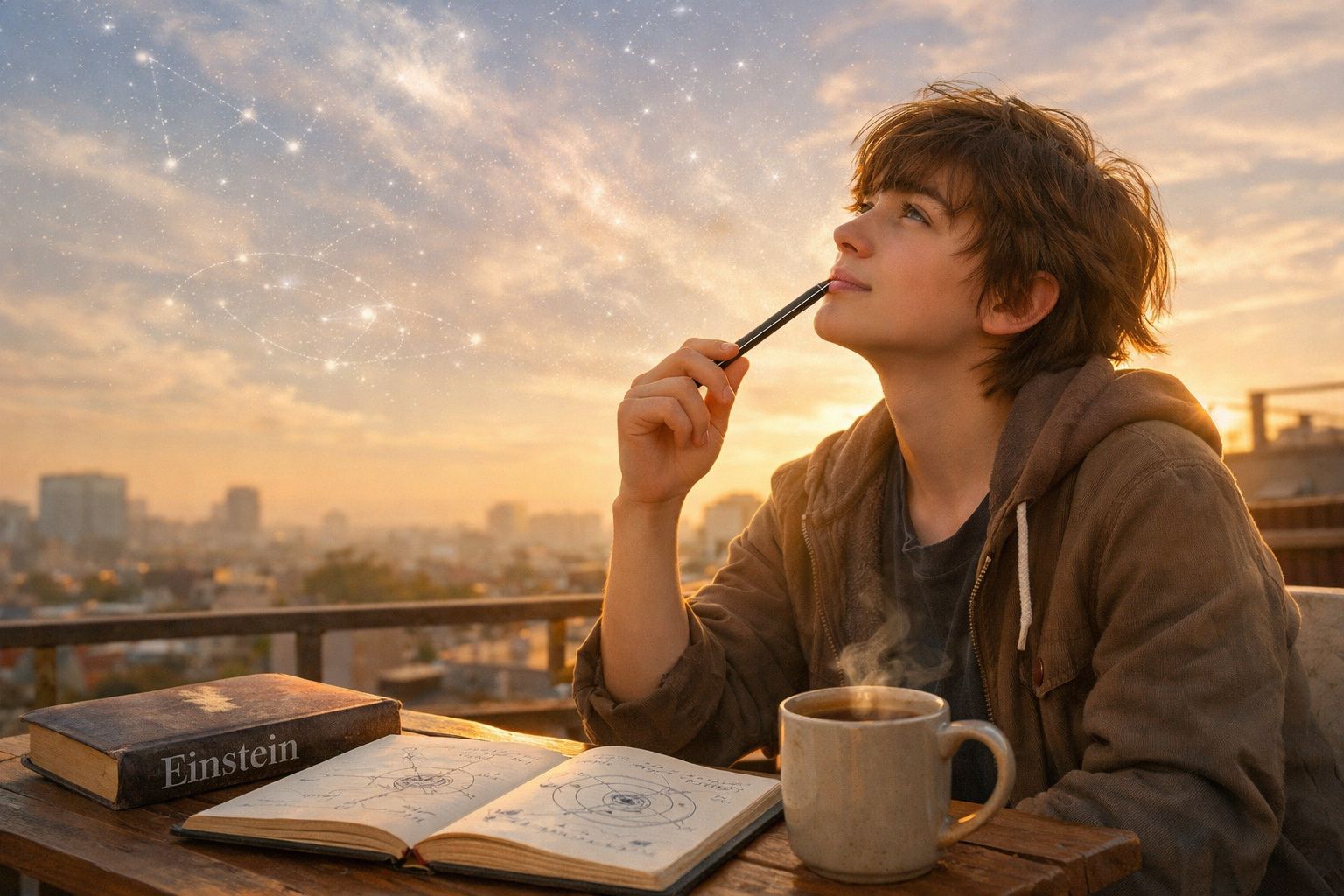 Jovem a pensar com caneta na mão, livro de Einstein aberto e chá quente num terraço ao pôr do sol.