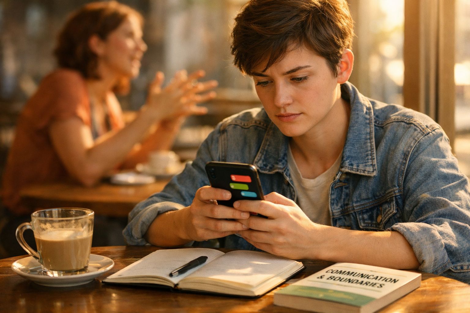 Pessoa jovem a olhar para o telemóvel numa mesa com café, caderno aberto e livro num ambiente relaxado.