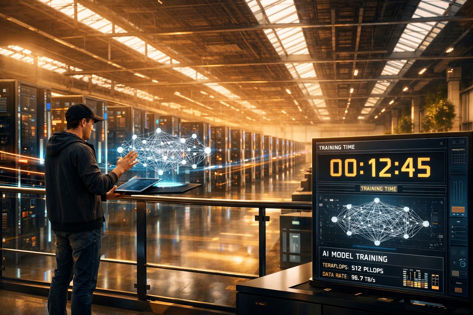 Homem a operar tablet num centro de dados com visualização holográfica e temporizador de treino de inteligência artificial.