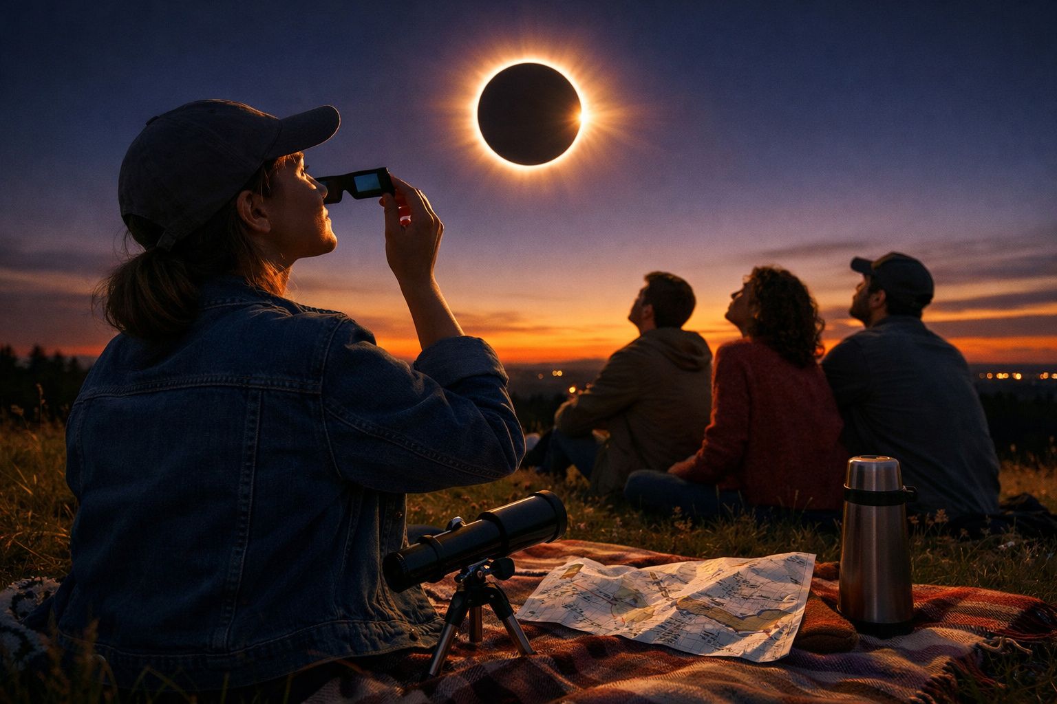 Quatro pessoas a observar um eclipse solar, uma delas a usar óculos especiais, ao pôr do sol numa colina.