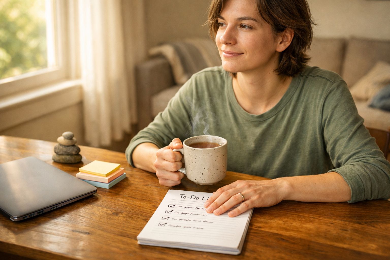Mulher sentada a sorrir, a beber chá quente e com uma lista de tarefas marcada ao lado do computador portátil.