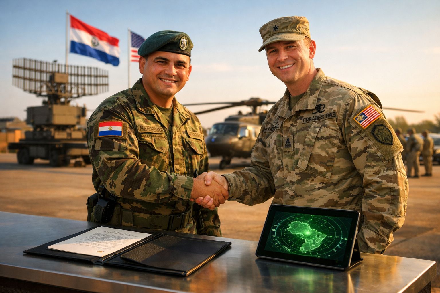 Dois soldados, um com bandeira do Paraguai e outro dos EUA, apertam as mãos junto a helicópteros militares.