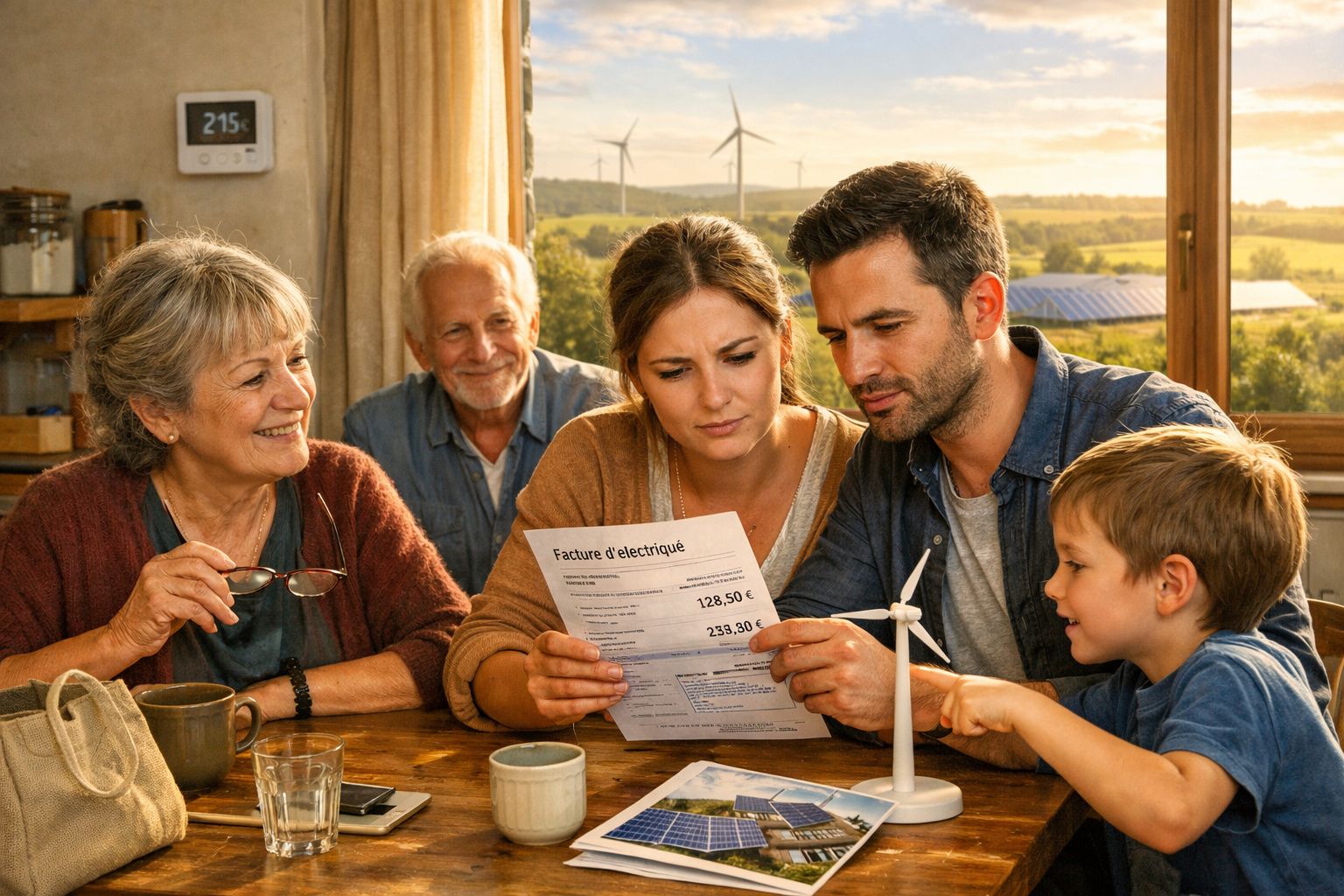 Família de cinco pessoas a analisar uma fatura de eletricidade numa sala com vista para turbinas e painéis solares.
