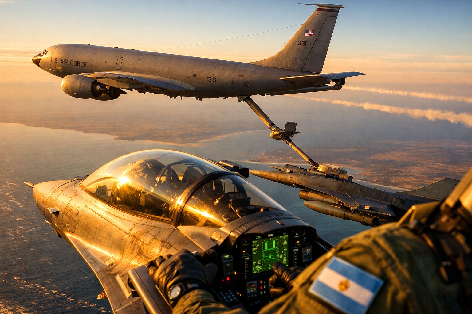Avião militar a reabastecer no ar outro caça num céu ao pôr do sol, vista do cockpit de um caça.