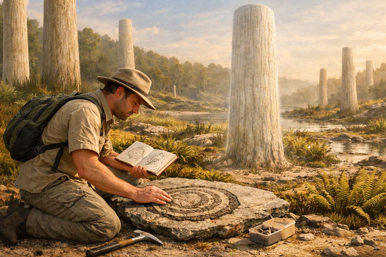 Homem com chapéu examina gravura em pedra com livro aberto em paisagem natural de árvores gigantes.