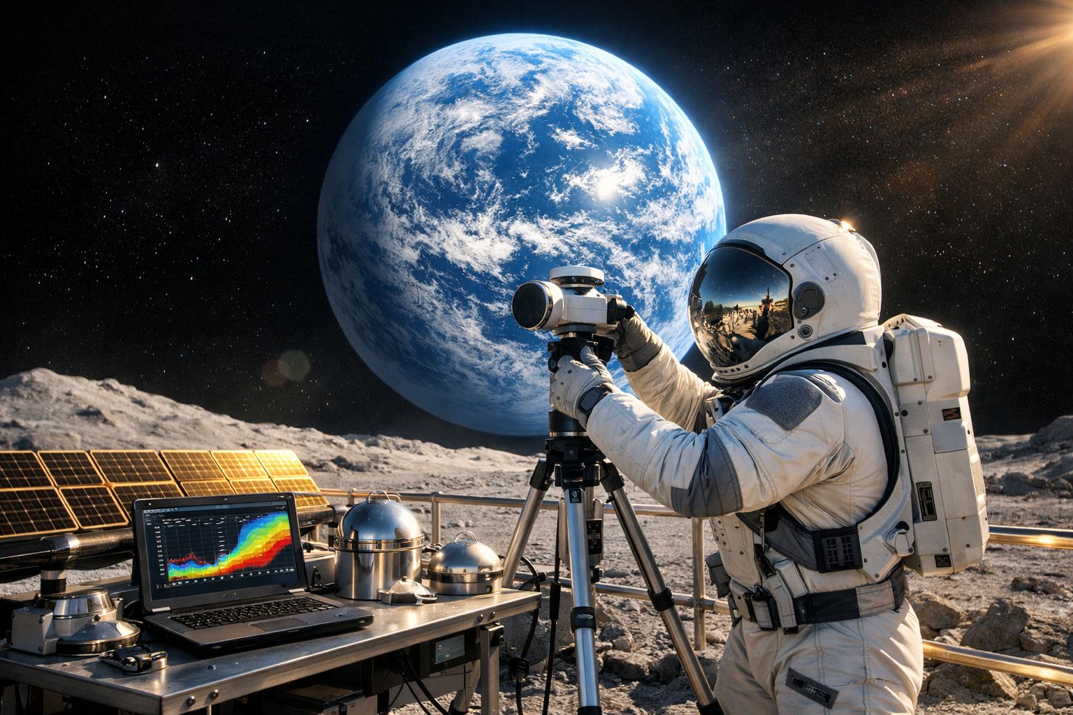 Astronauta a operar equipamento científico na superfície lunar com a Terra visível ao fundo.