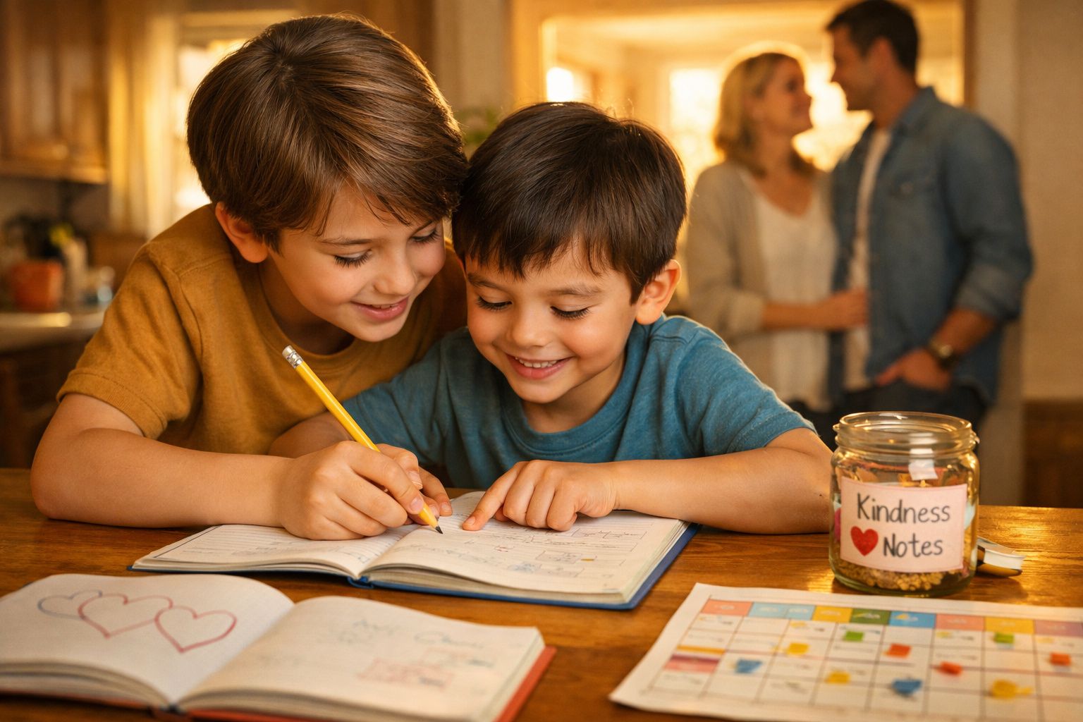 Dois meninos a estudar juntos numa mesa com frasco de notas de bondade, enquanto um casal conversa ao fundo.