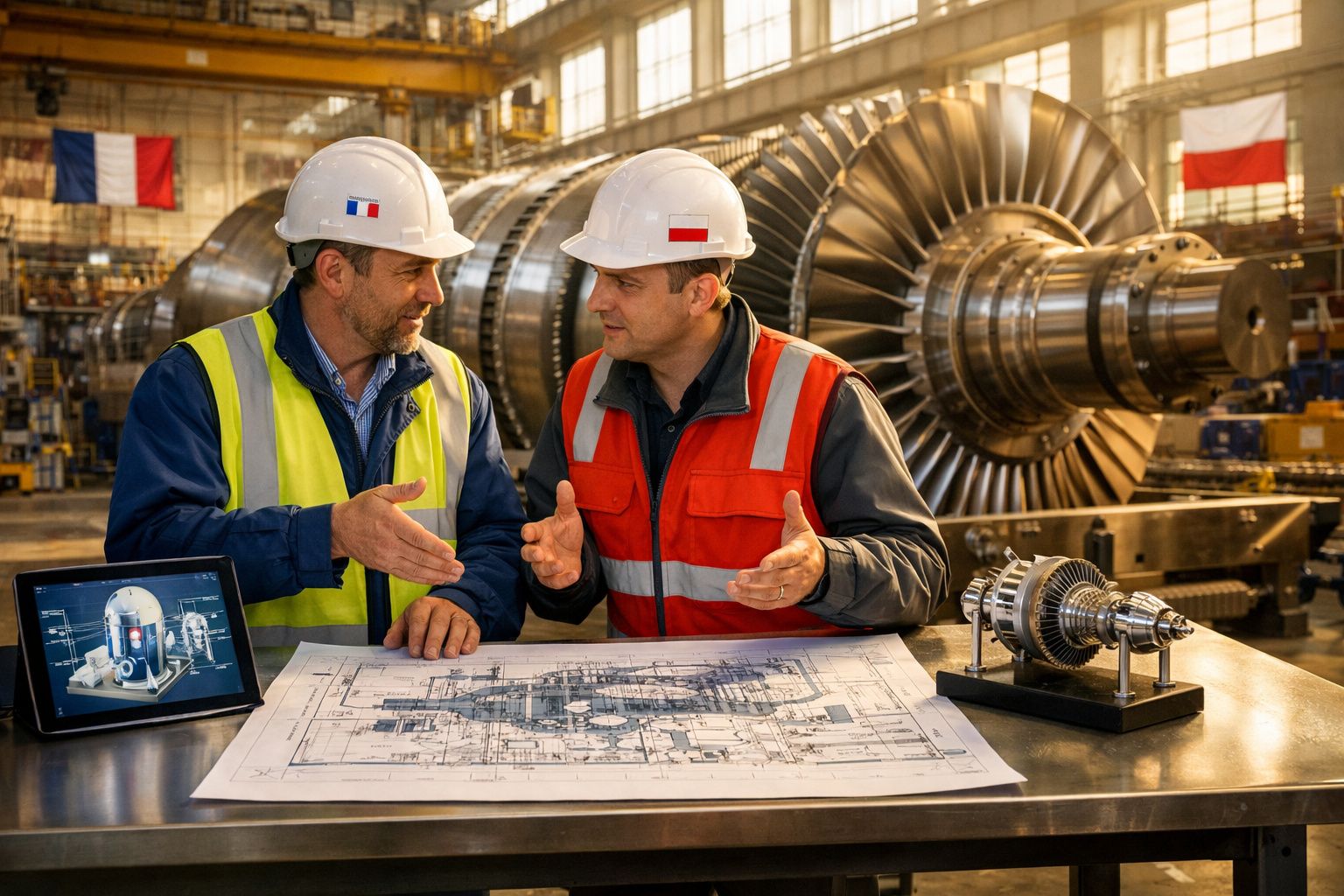 Dois engenheiros com capacetes discutem um projeto industrial junto a maquetes e um grande equipamento mecânico.
