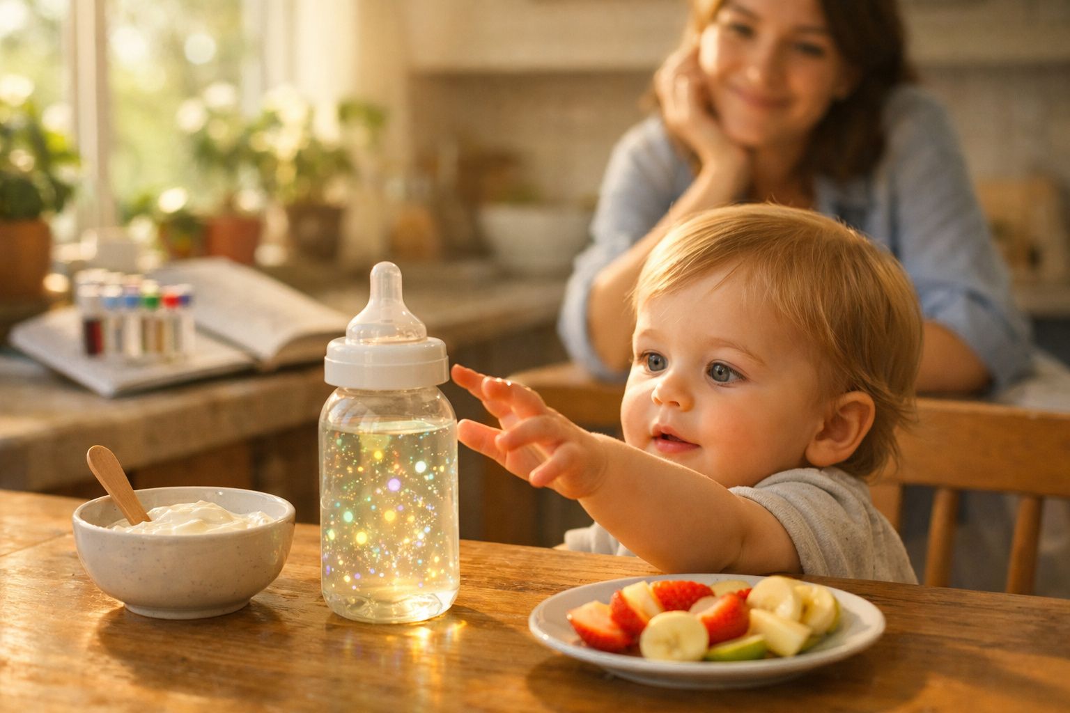 Bebé a alcançar uma mamadeira luminosa numa mesa com fruta e iogurte, enquanto uma mulher sorri ao fundo.