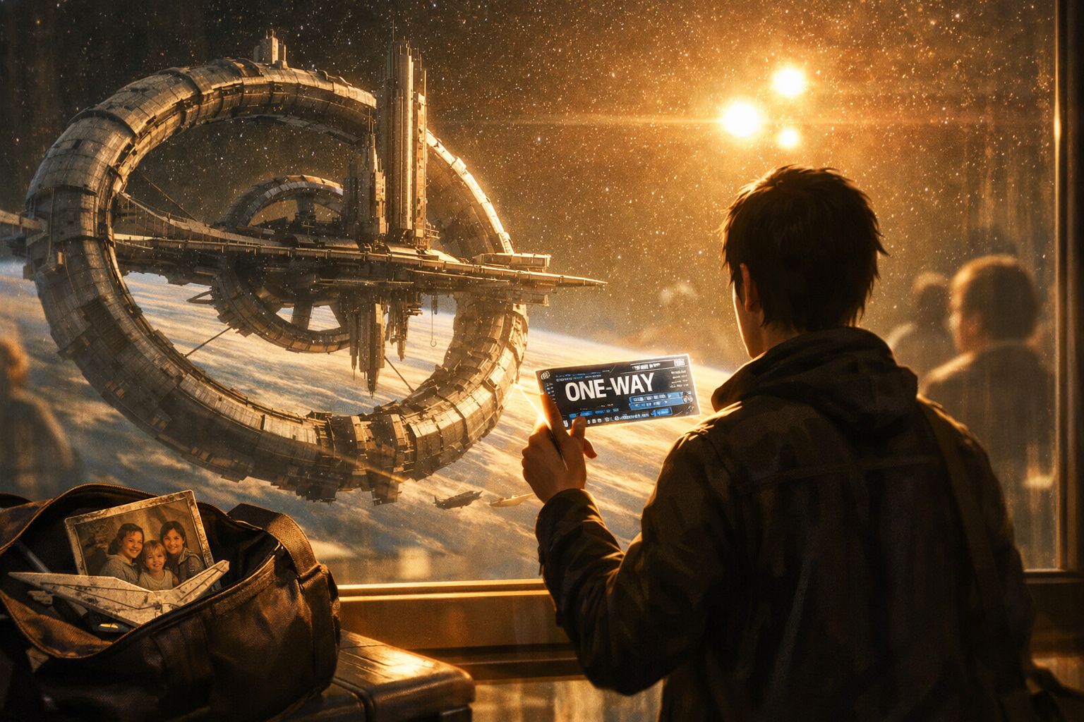 Pessoa com bilhete de viagem para o espaço observa estação espacial futurista em órbita da Terra.