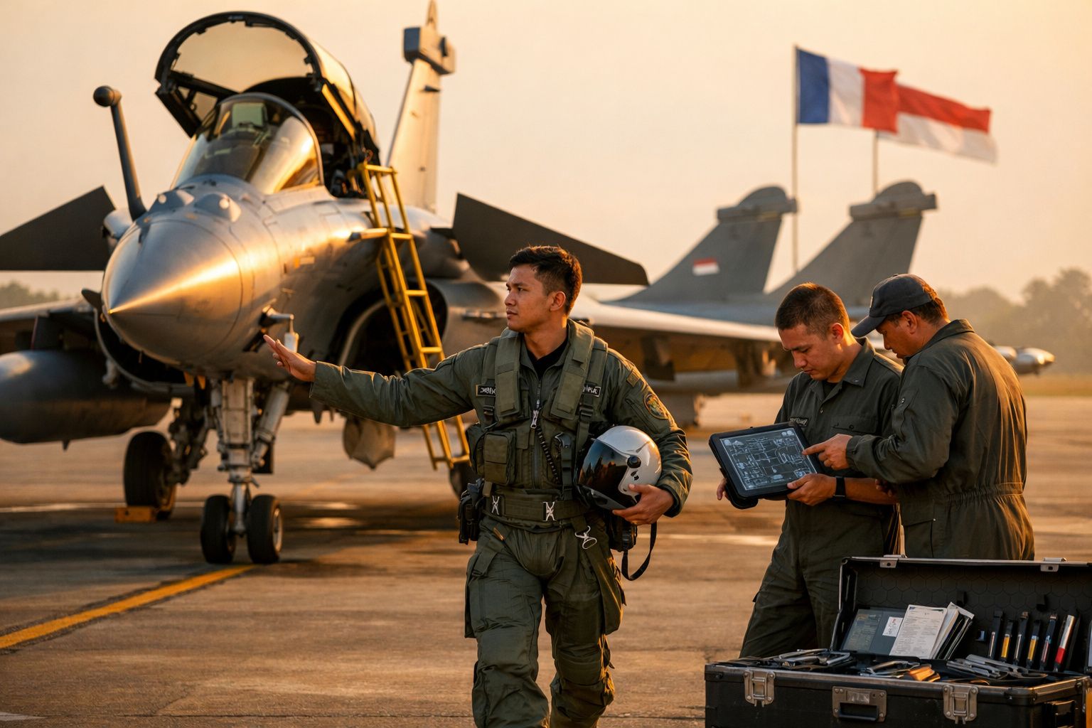 Piloto militar camuflado segura capacete junto a dois técnicos em plataforma com caça e bandeira ao fundo.