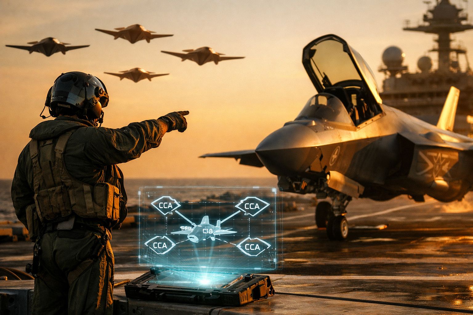 Piloto militar aponta para esquadrilha de aviões furtivos com caça estacionado no convés de porta-aviões ao pôr do sol.