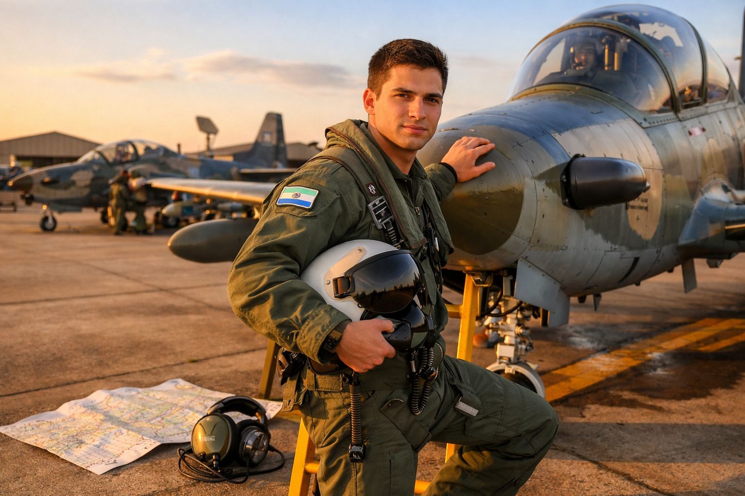 Piloto militar masculino em fato de voo verde posa junto a avião militar no aeroporto ao pôr do sol.