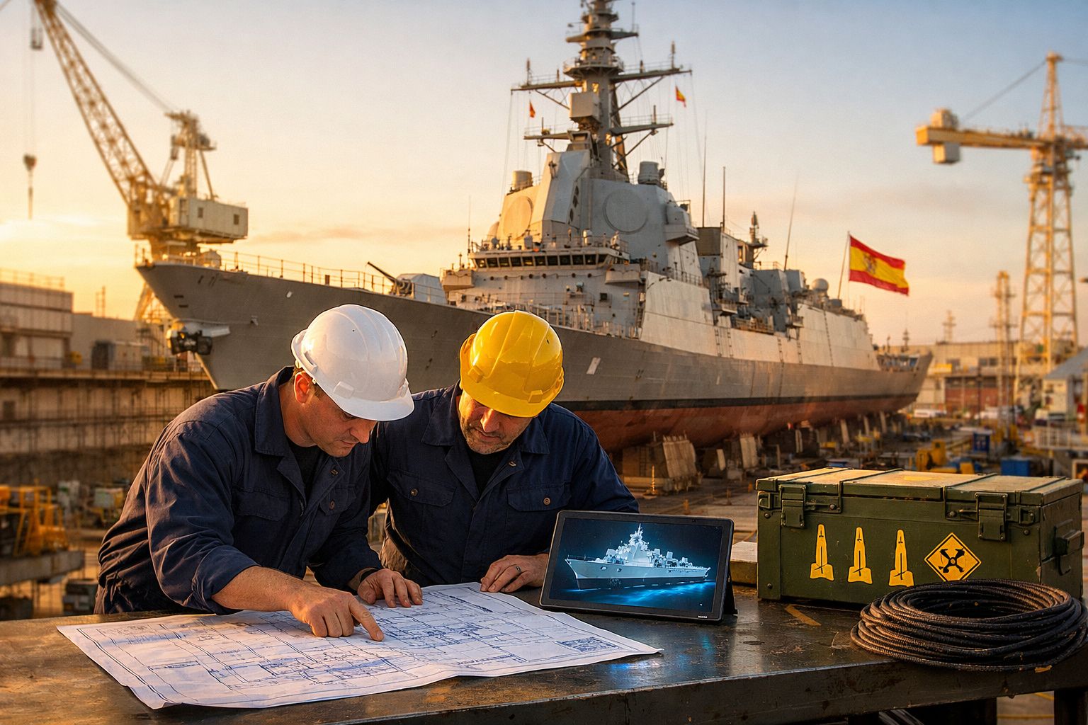 Dois trabalhadores com capacetes a analisar plantas num estaleiro naval junto a um navio de guerra espanhol atracado.
