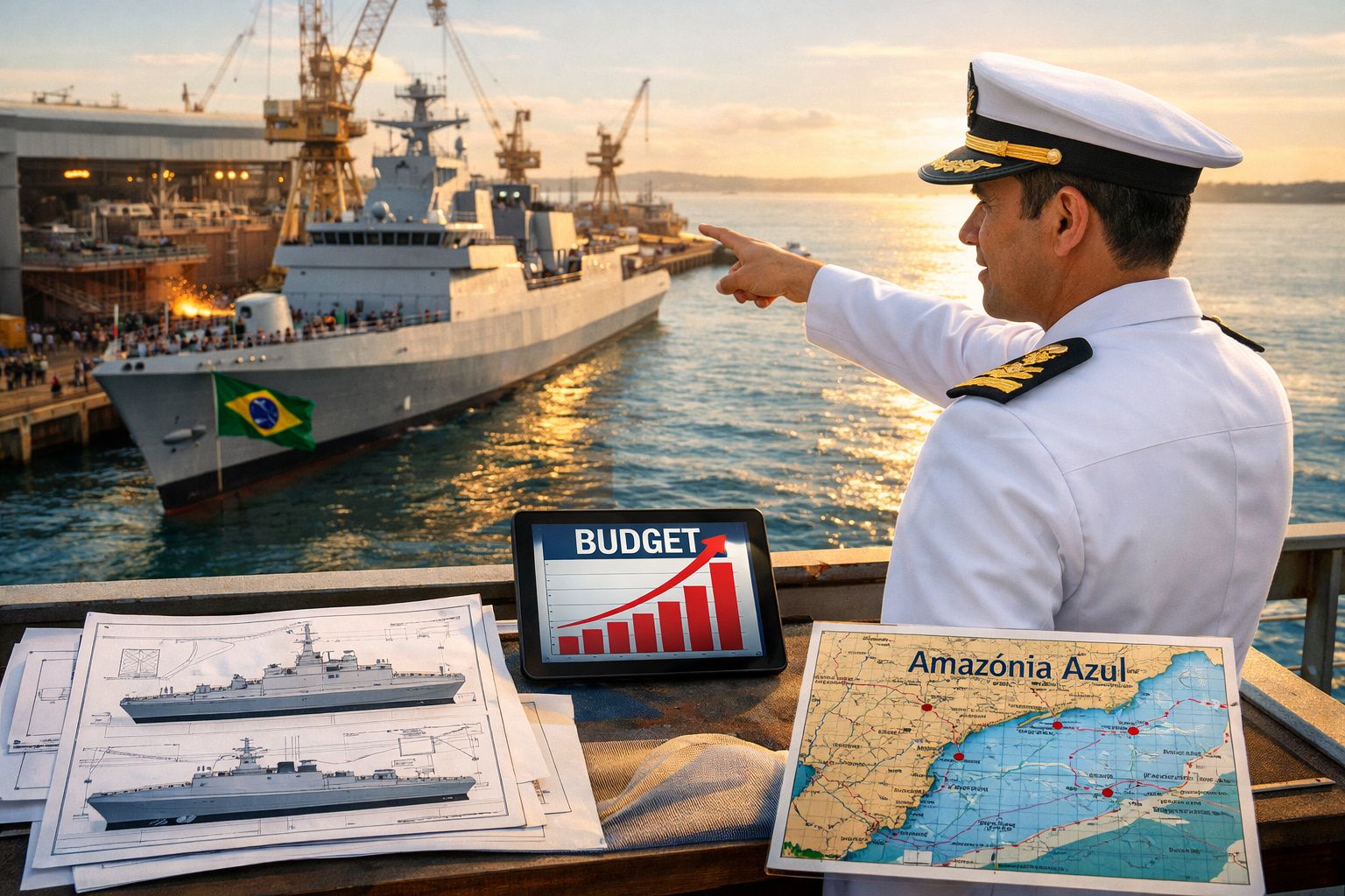 Oficial naval aponta para navio brasileiro, com mapas e gráfico de orçamento na mesa junto ao mar ao pôr do sol.