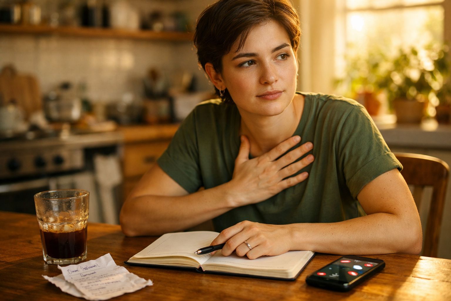 Mulher pensativa sentada à mesa com um caderno aberto, caneta na mão e copo de bebida à frente.