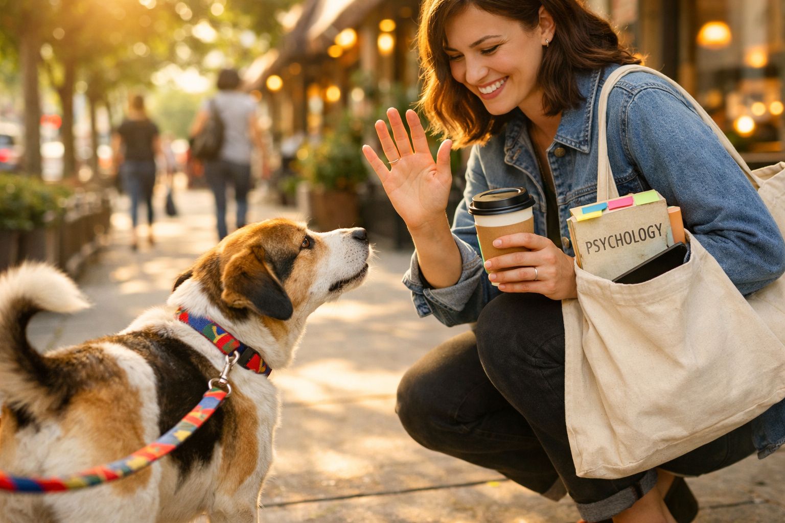 Mulher sorridente com café e livro cumprimenta cão na rua durante o dia.