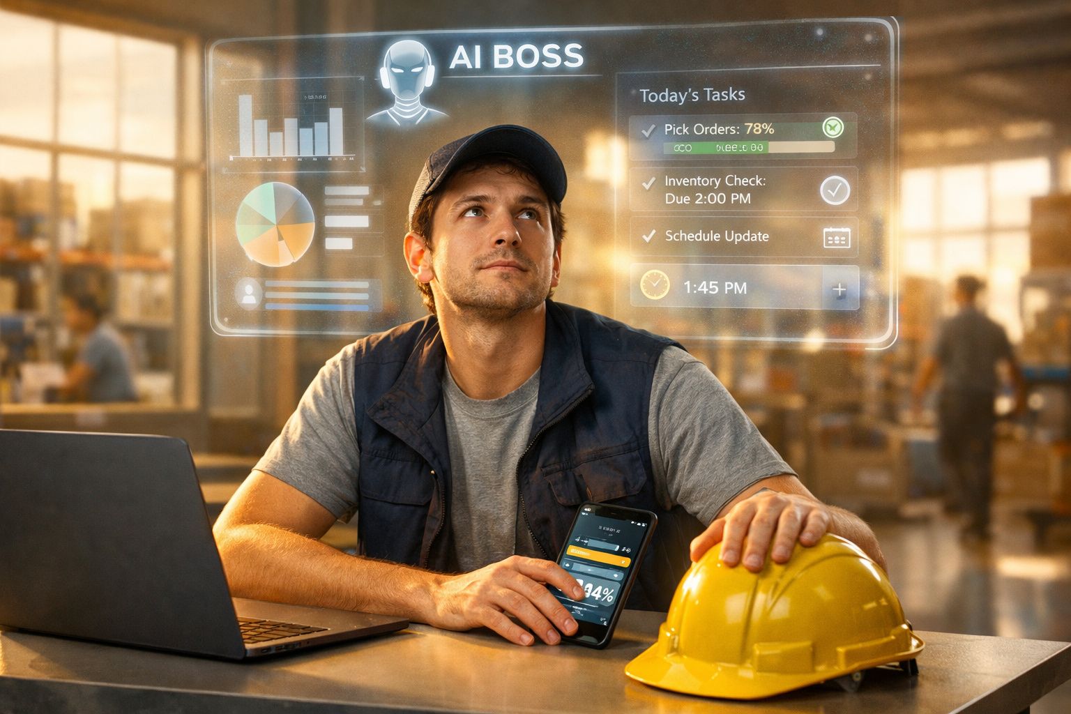 Homem com boné e colete num armazém, com capacete amarelo, laptop e telefone, olhando para gráficos digitais flutuantes.