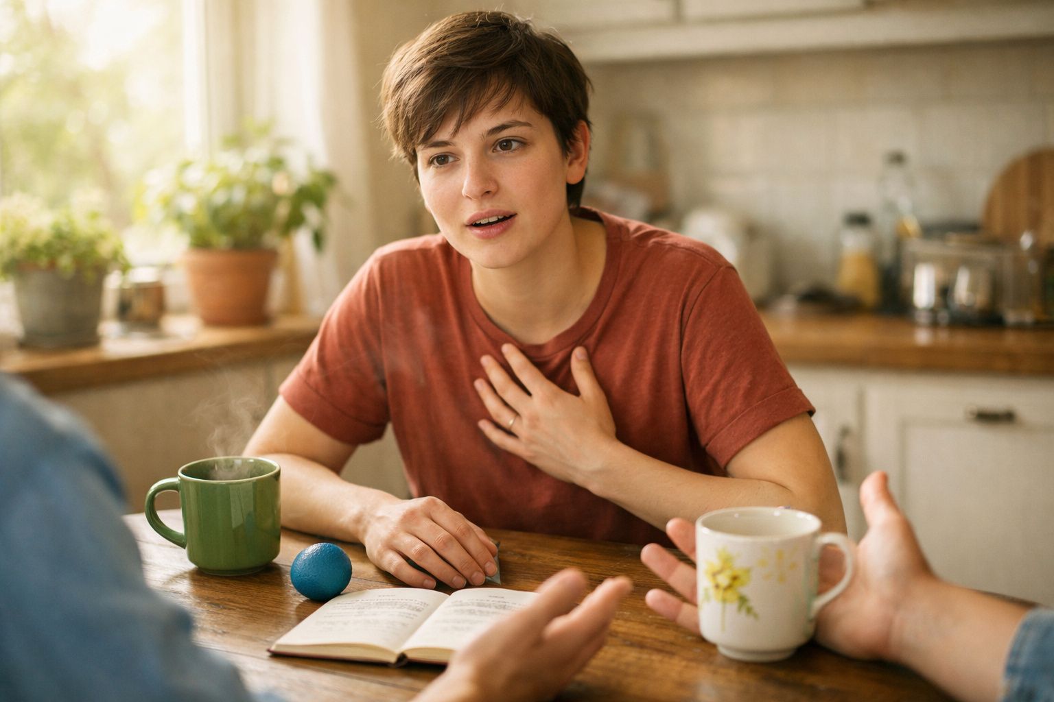 Mulher sentada à mesa da cozinha a falar com outra pessoa, com chá e livro aberto.