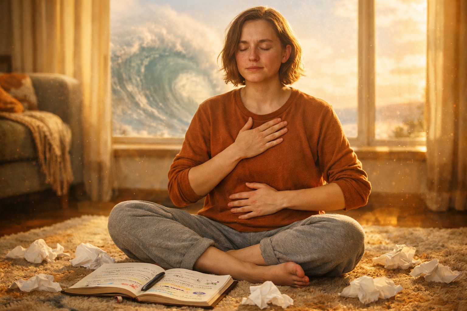 Mulher sentada no chão de casa a meditar com olhos fechados, rodeada de papéis amassados e com livro aberto.
