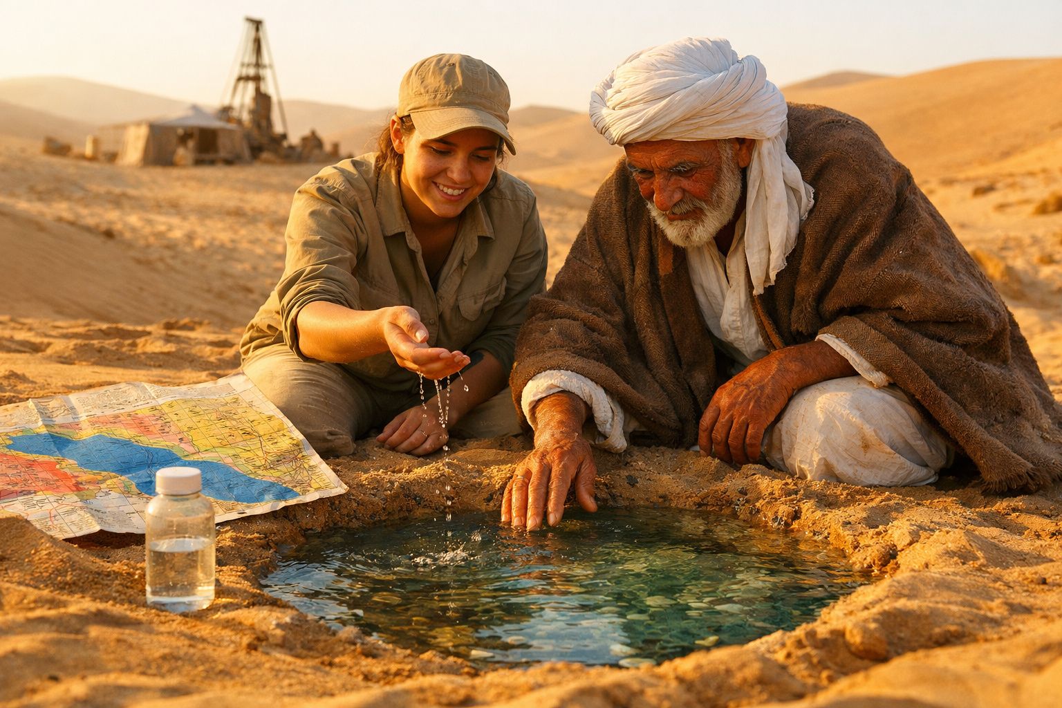 Mulher e homem idoso junto a uma nascente de água no deserto, com mapa e garrafa ao lado.