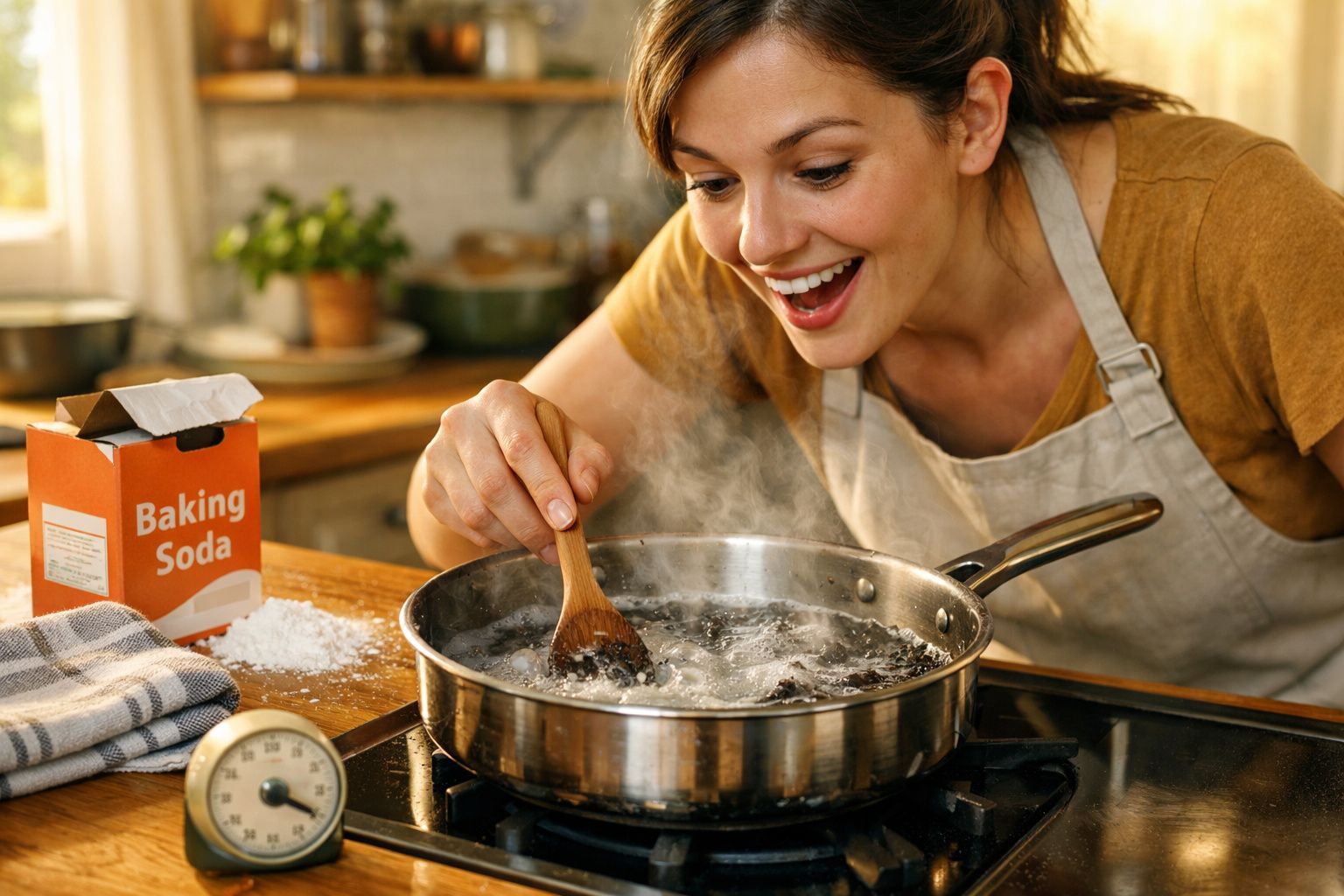 Mulher sorridente mexe panela com água a ferver numa cozinha com bicarbonato de sódio ao lado.