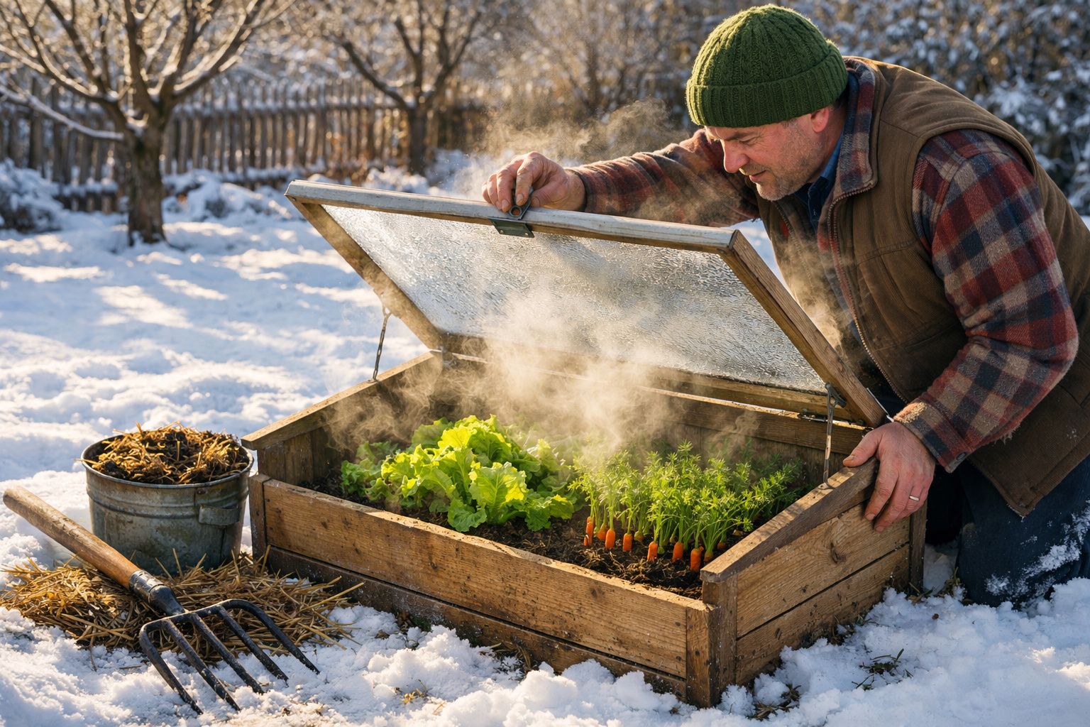 Homem a abrir uma pequena estufa de madeira com plantas cultivadas num jardim coberto de neve.