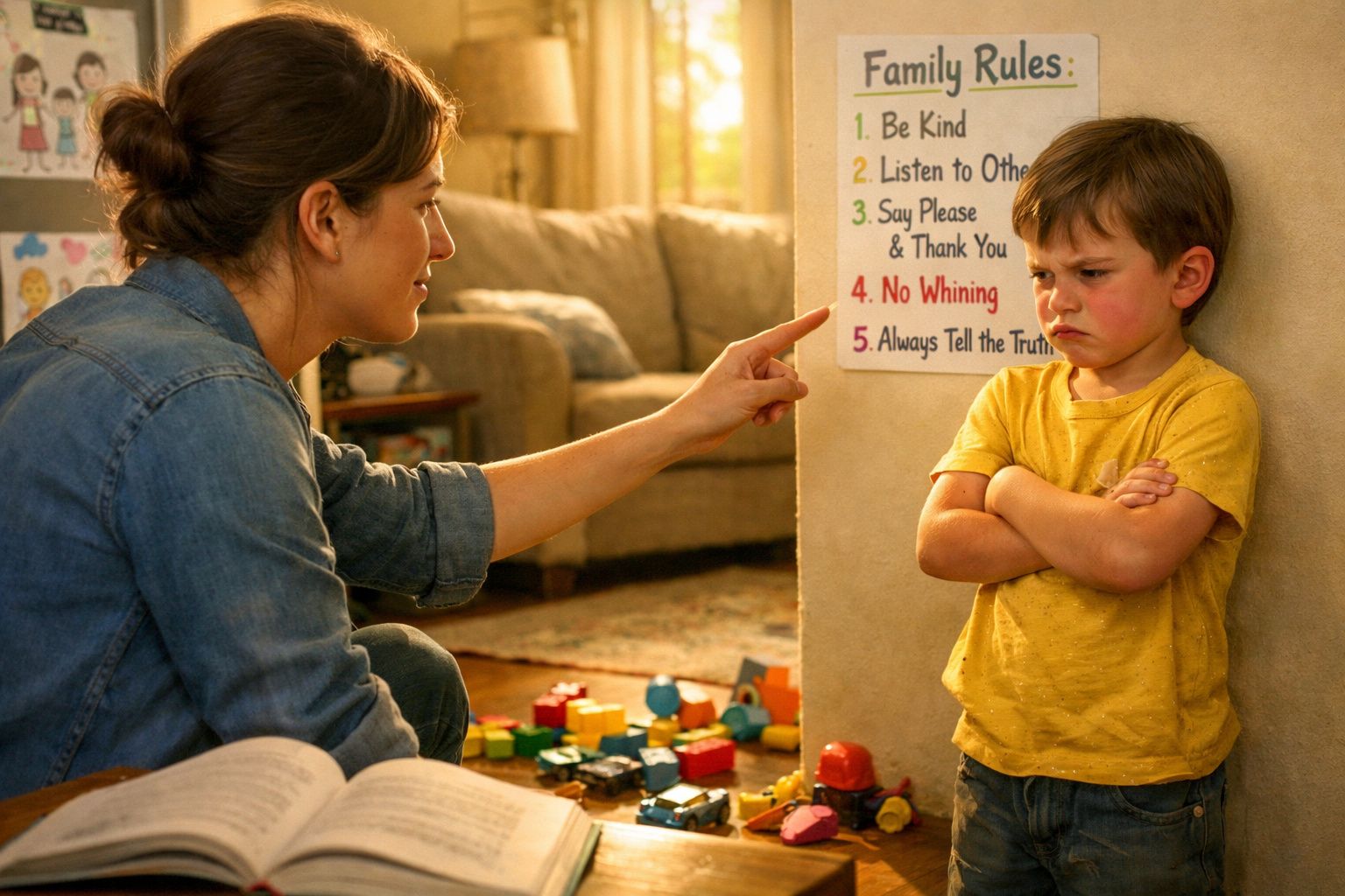 Mulher repreende criança com braços cruzados ao lado de quadro com regras de família.