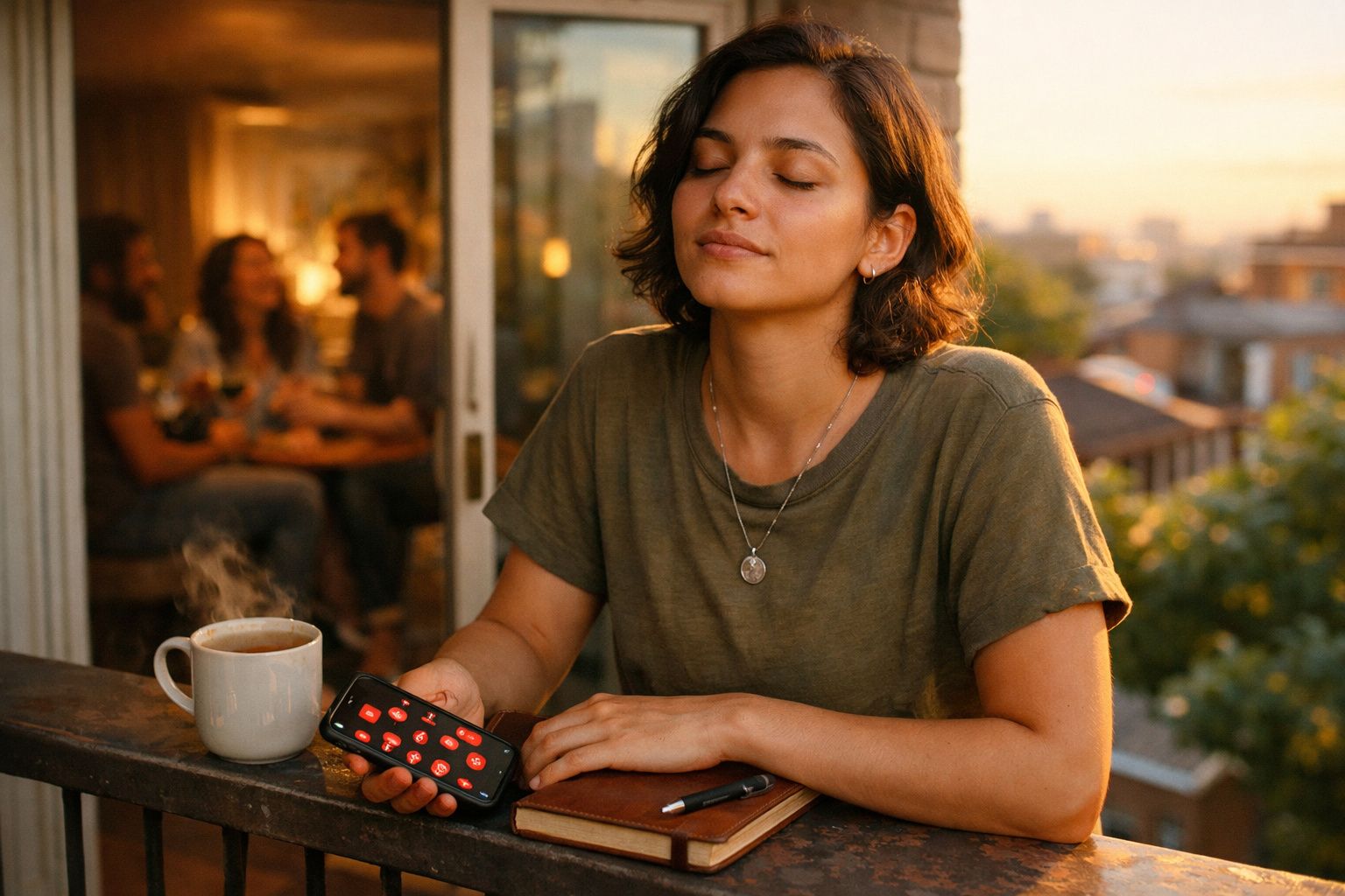 Jovem sentada com olhos fechados numa varanda ao pôr do sol, com chá quente e telemóvel na mão.