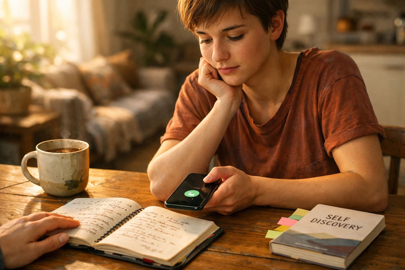 Pessoa jovem sentada à mesa com telemóvel, caderno aberto e livro "Self Discovery" num ambiente acolhedor.