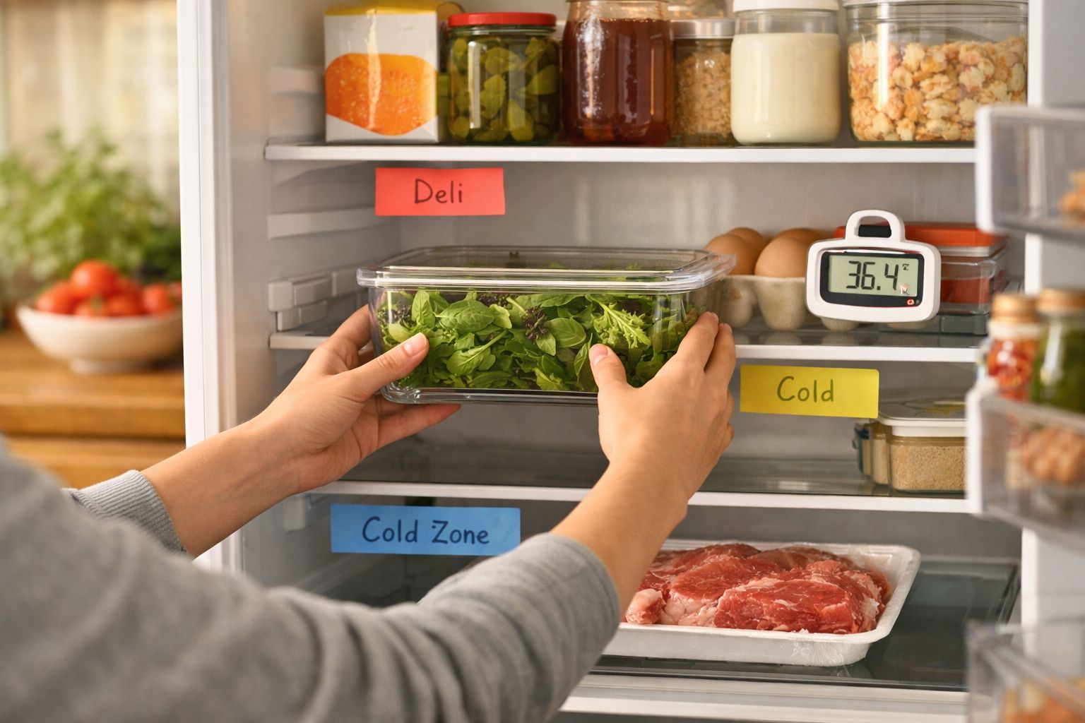 Mãos a colocar caixa de salada frescas numa prateleira de frigorífico organizado com etiquetas e termómetro digital.