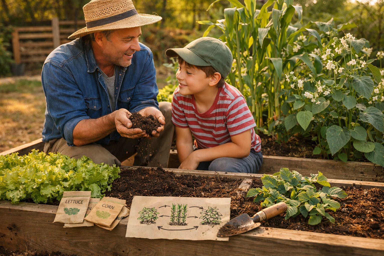 Homem e menino a jardinar juntos numa horta com plantas e sementes, sorrindo e a segurar terra.